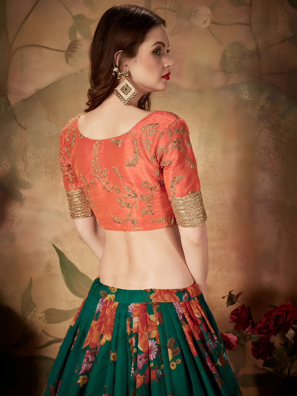 Green Floral Digital Printed Organza Bridal Lehenga Choli
