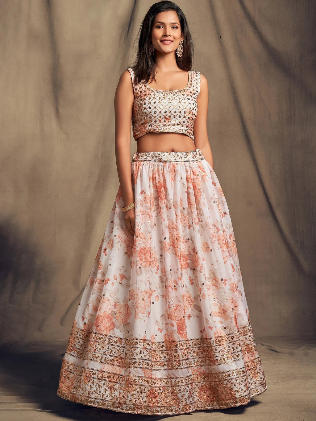 Pretty Off-White Printed Organza Festival Wear Plus Size Lehenga Choli