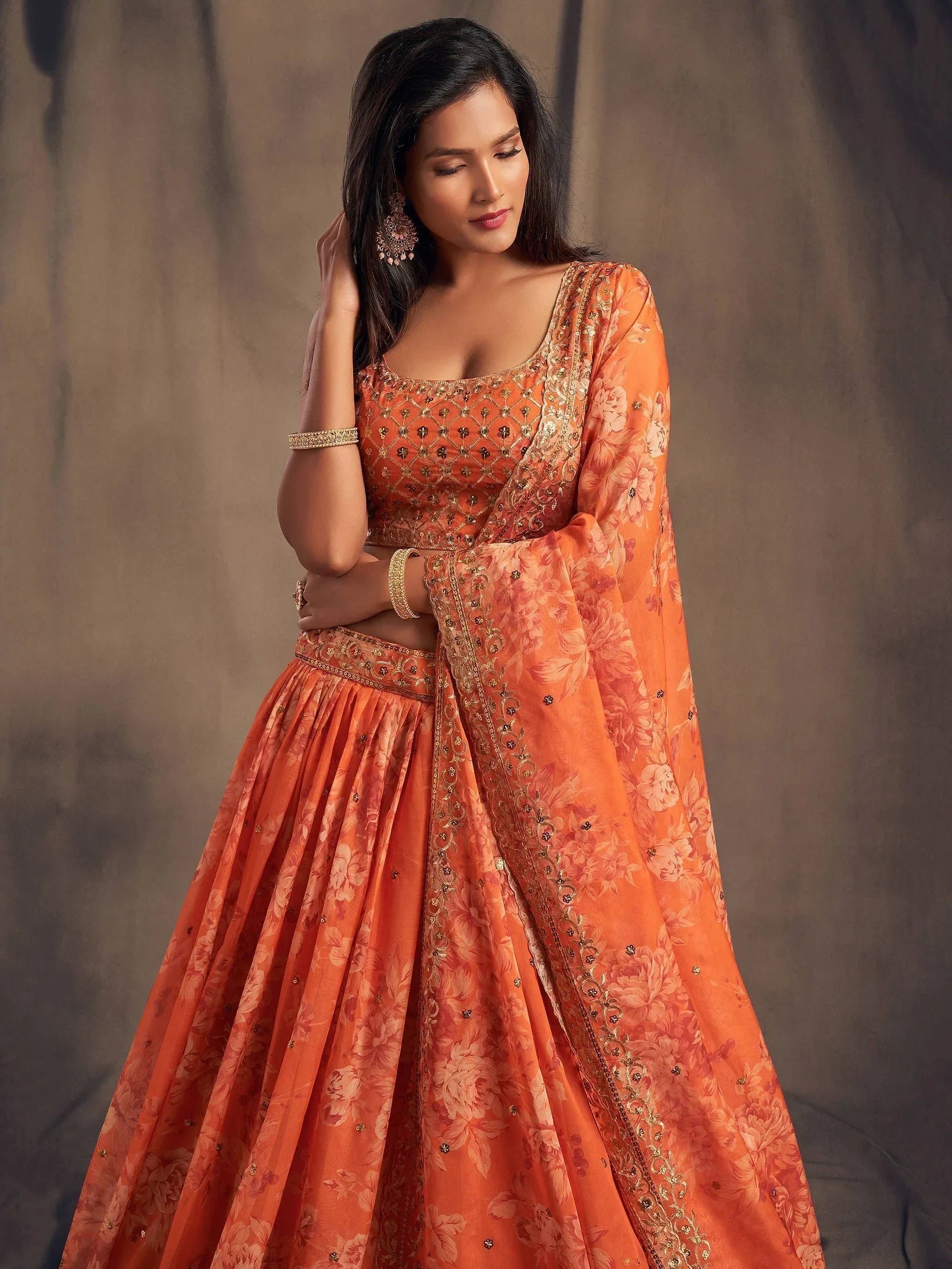 Orange Floral Embroidered Organza Wedding Wear Lehenga Choli