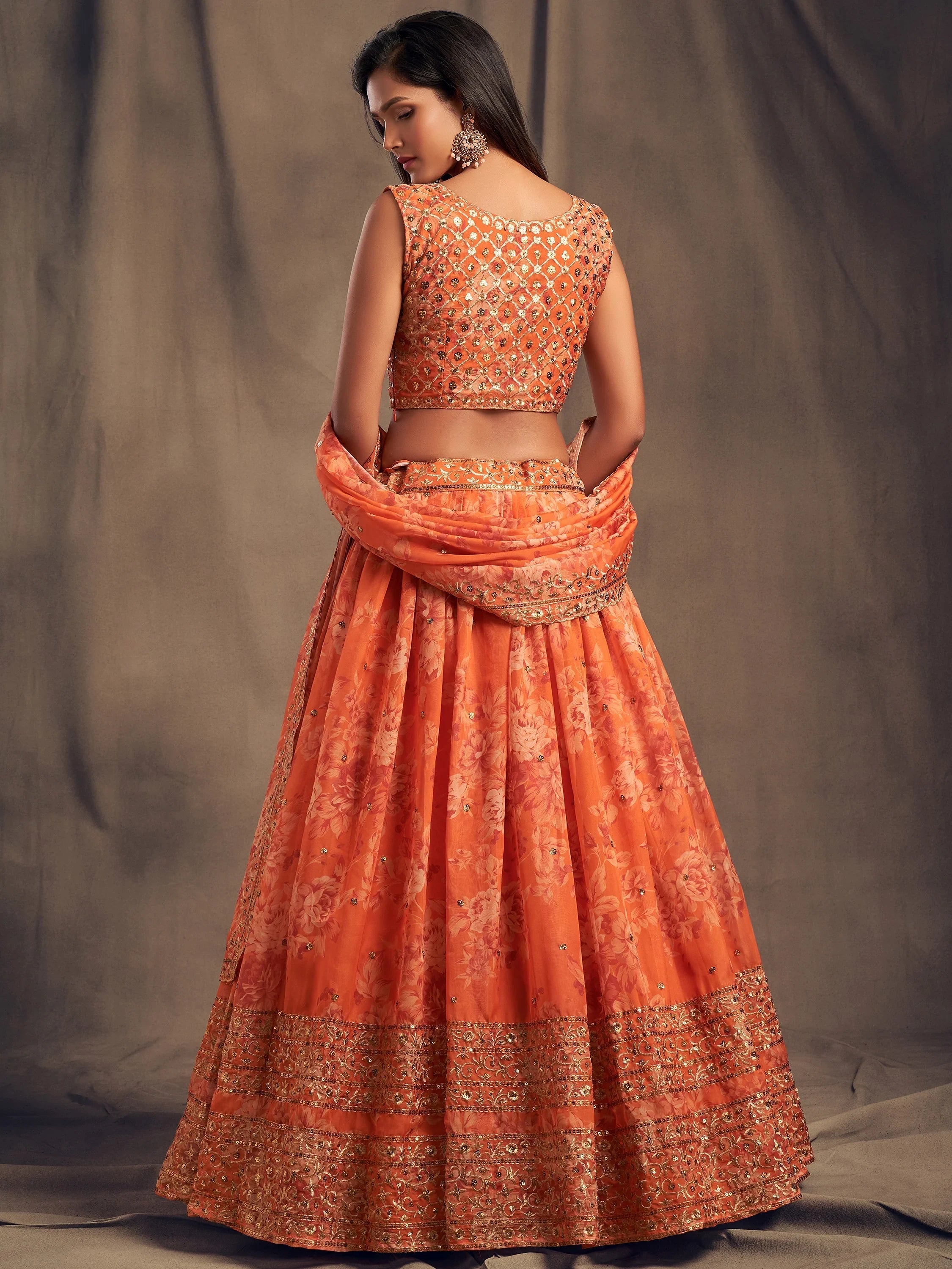 Adorable Orange Printed Organza Wedding Wear Plus Size Lehenga Choli