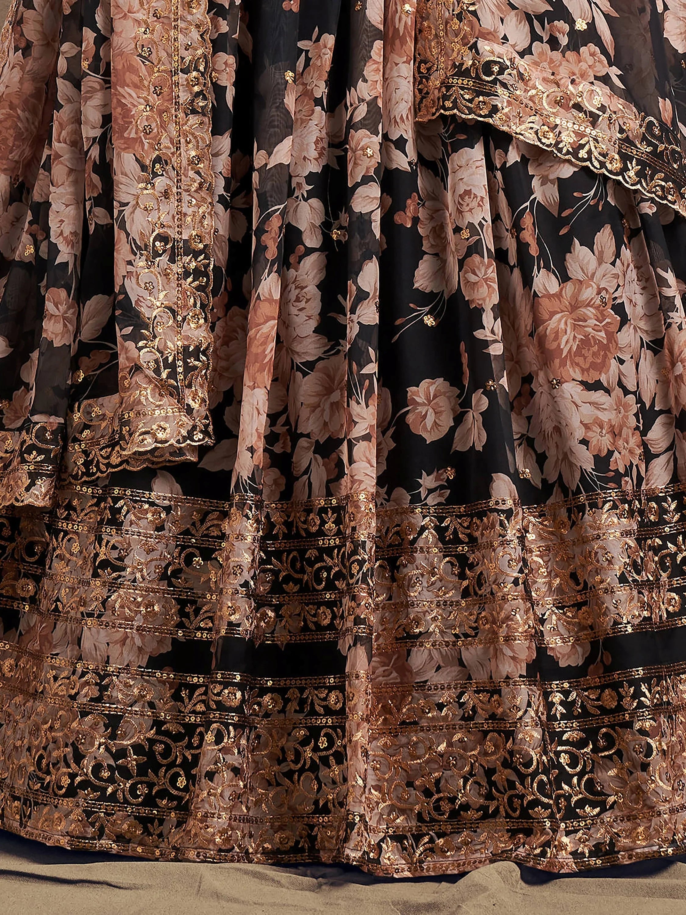 Wonderful Black Printed Organza Sangeet Wear Plus Size Lehenga Choli