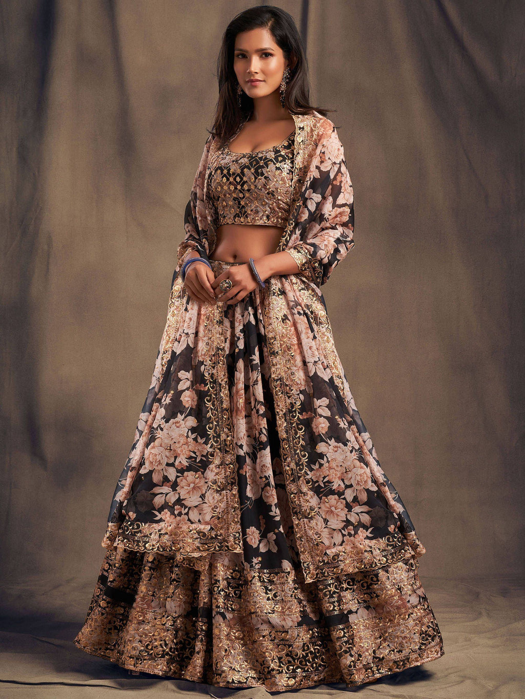 Black Floral Embroidered Organza Wedding Wear Lehenga Choli