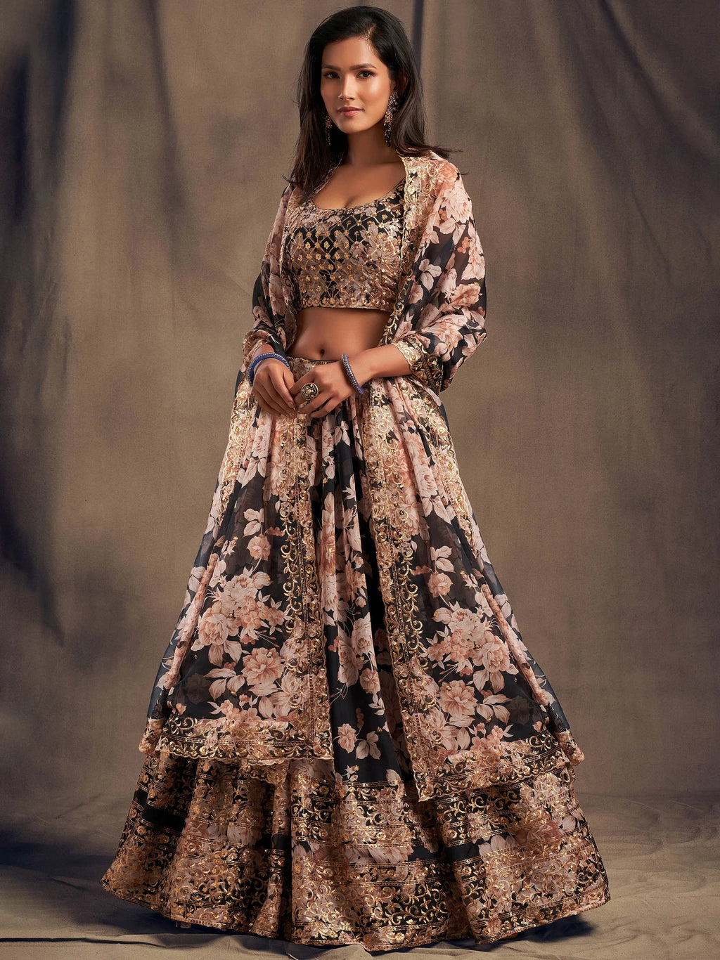Wonderful Black Printed Organza Sangeet Wear Plus Size Lehenga Choli