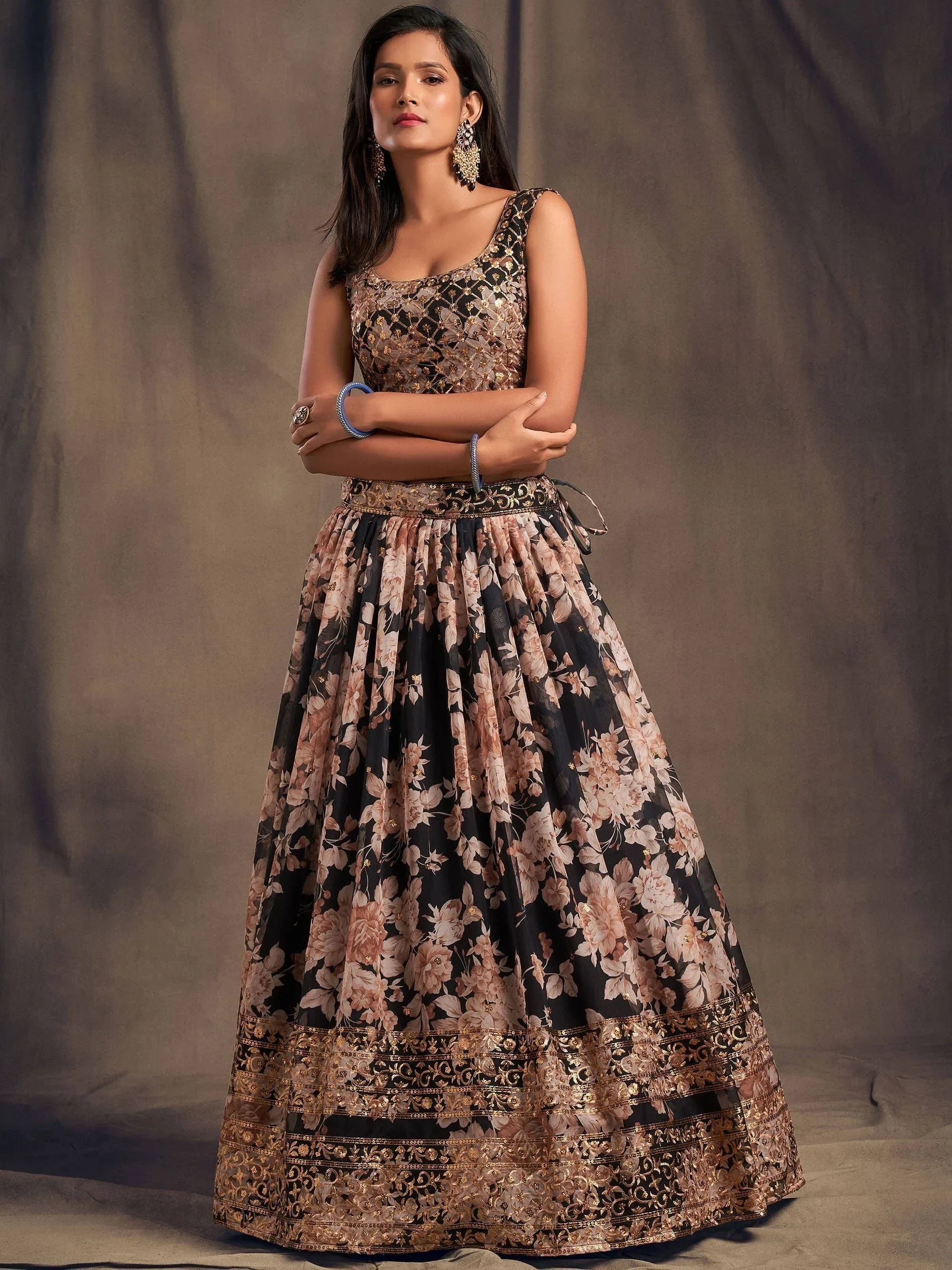 Black Floral Embroidered Organza Wedding Wear Lehenga Choli
