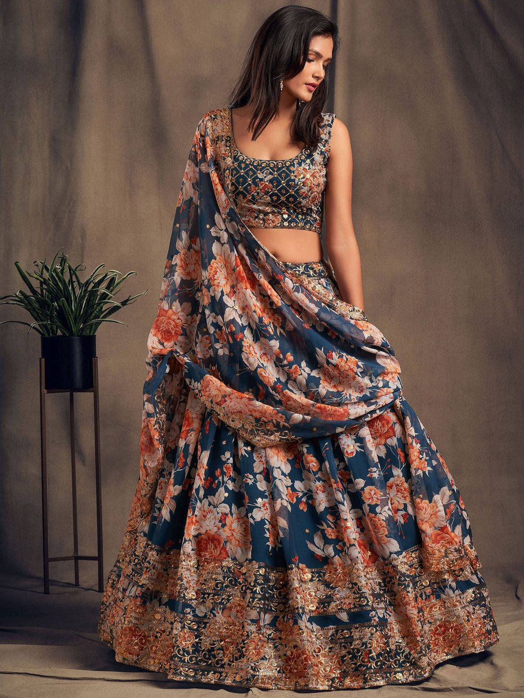 Dove Blue Floral Embroidered Organza Wedding Wear Lehenga Choli