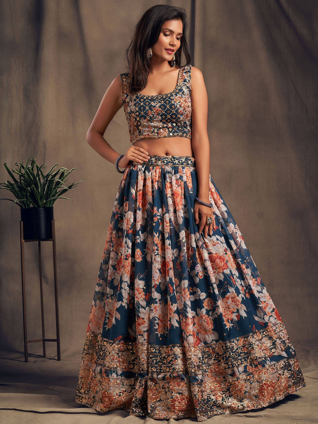 Dove Blue Floral Embroidered Organza Wedding Wear Lehenga Choli