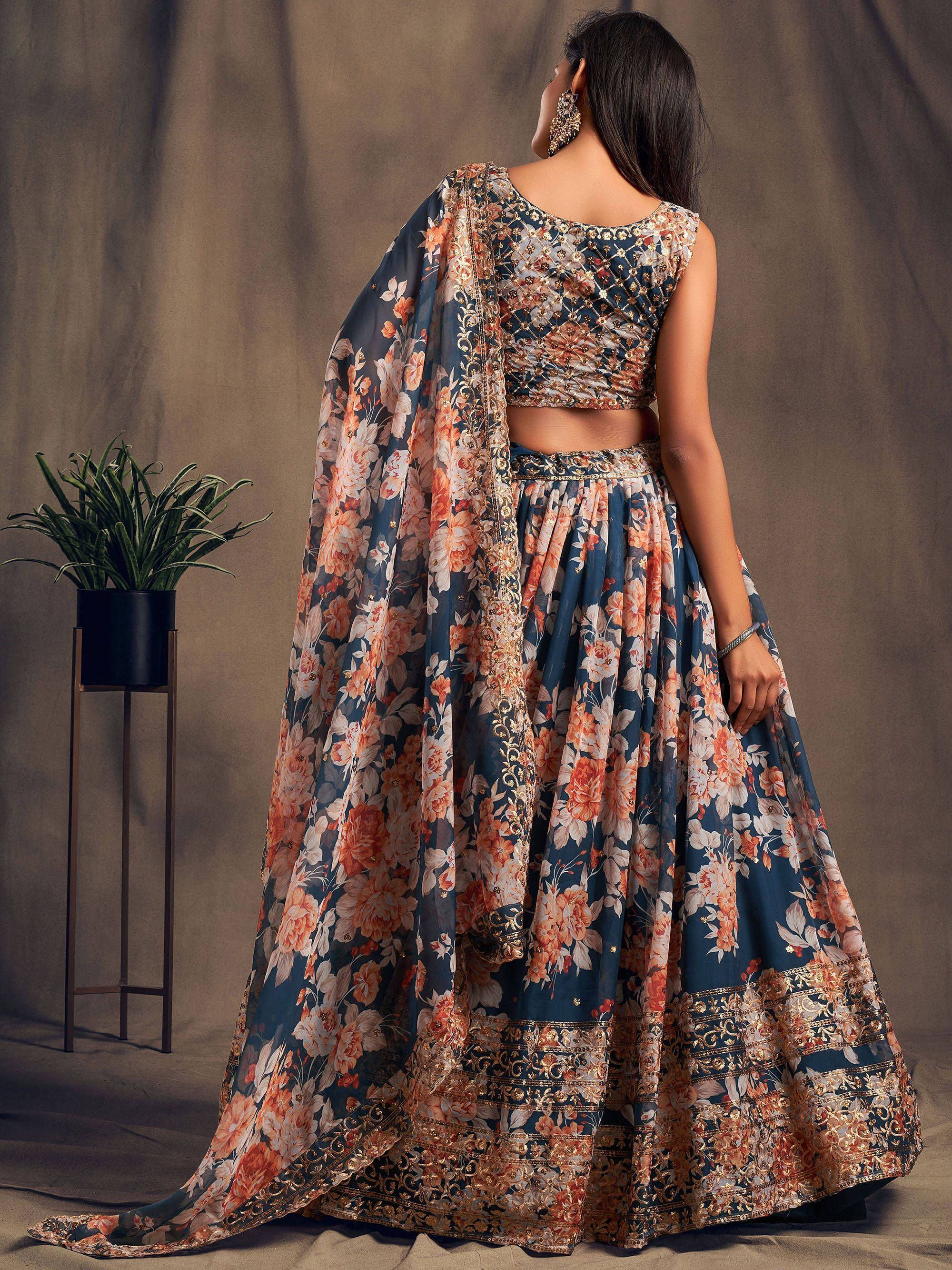 Dove Blue Floral Embroidered Organza Wedding Wear Lehenga Choli