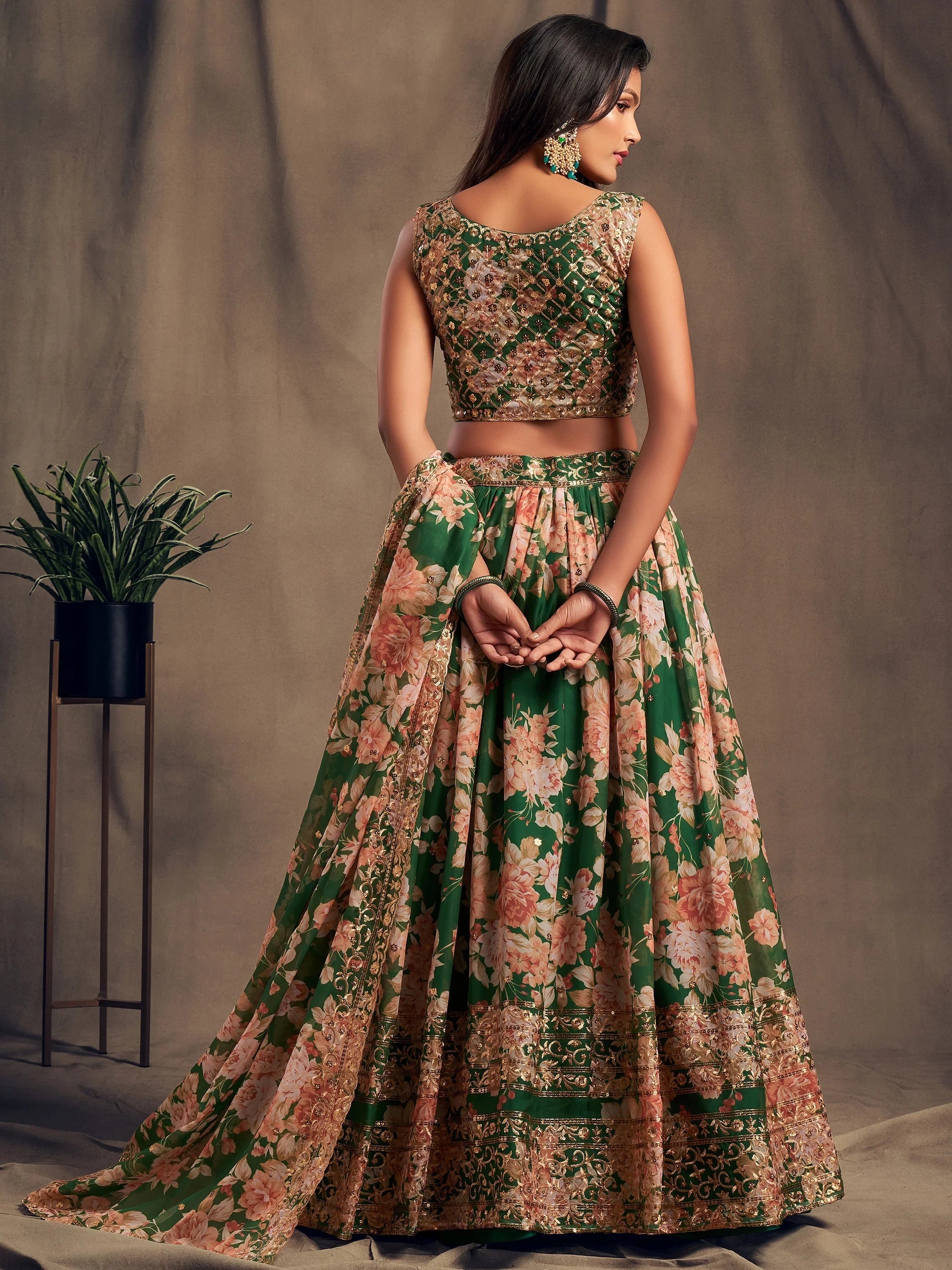 Outstanding Green Printed Organza Designer Plus Size Lehenga Choli
