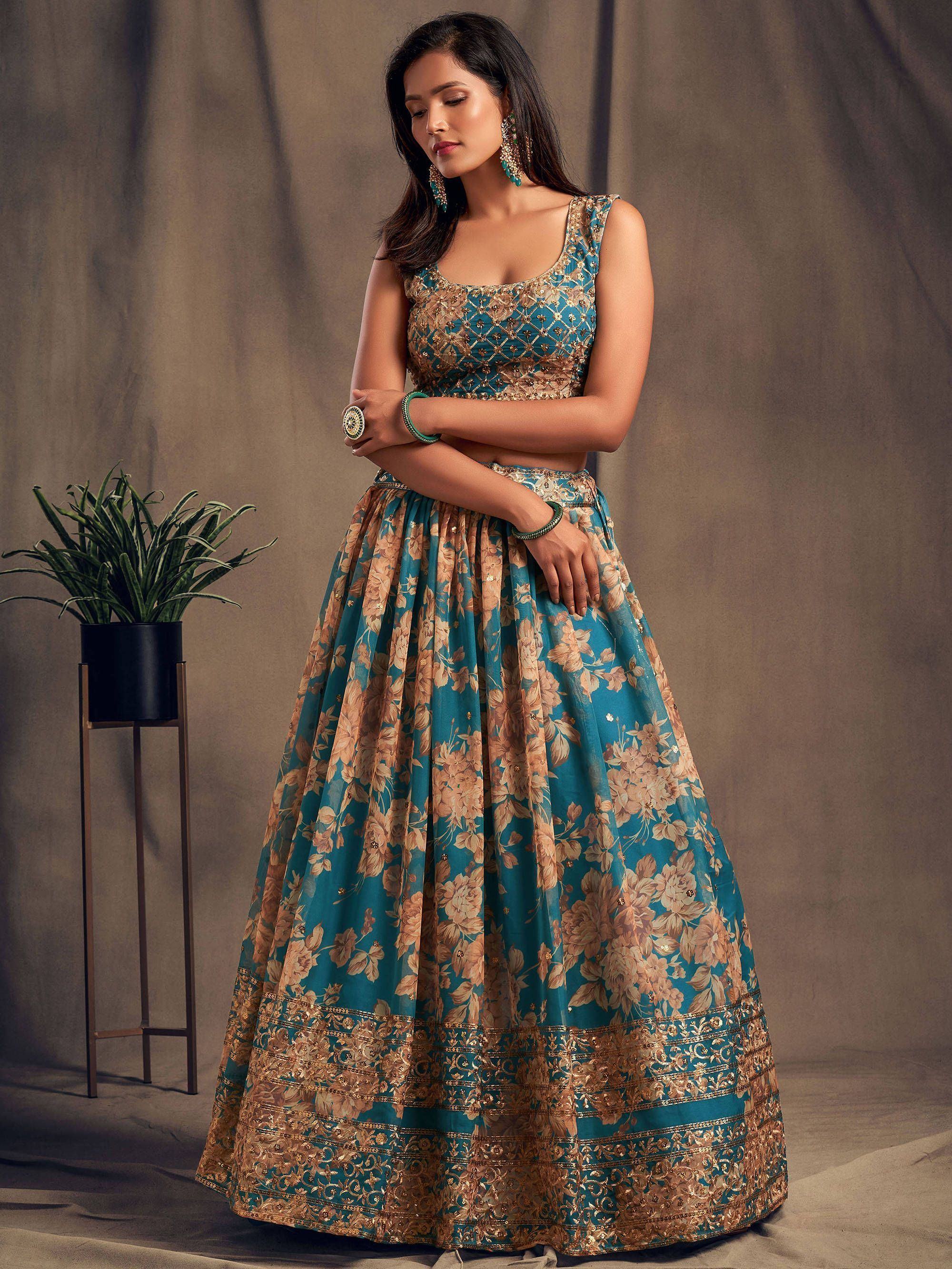 Teal Blue Floral Embroidered Organza Wedding Wear Lehenga Choli