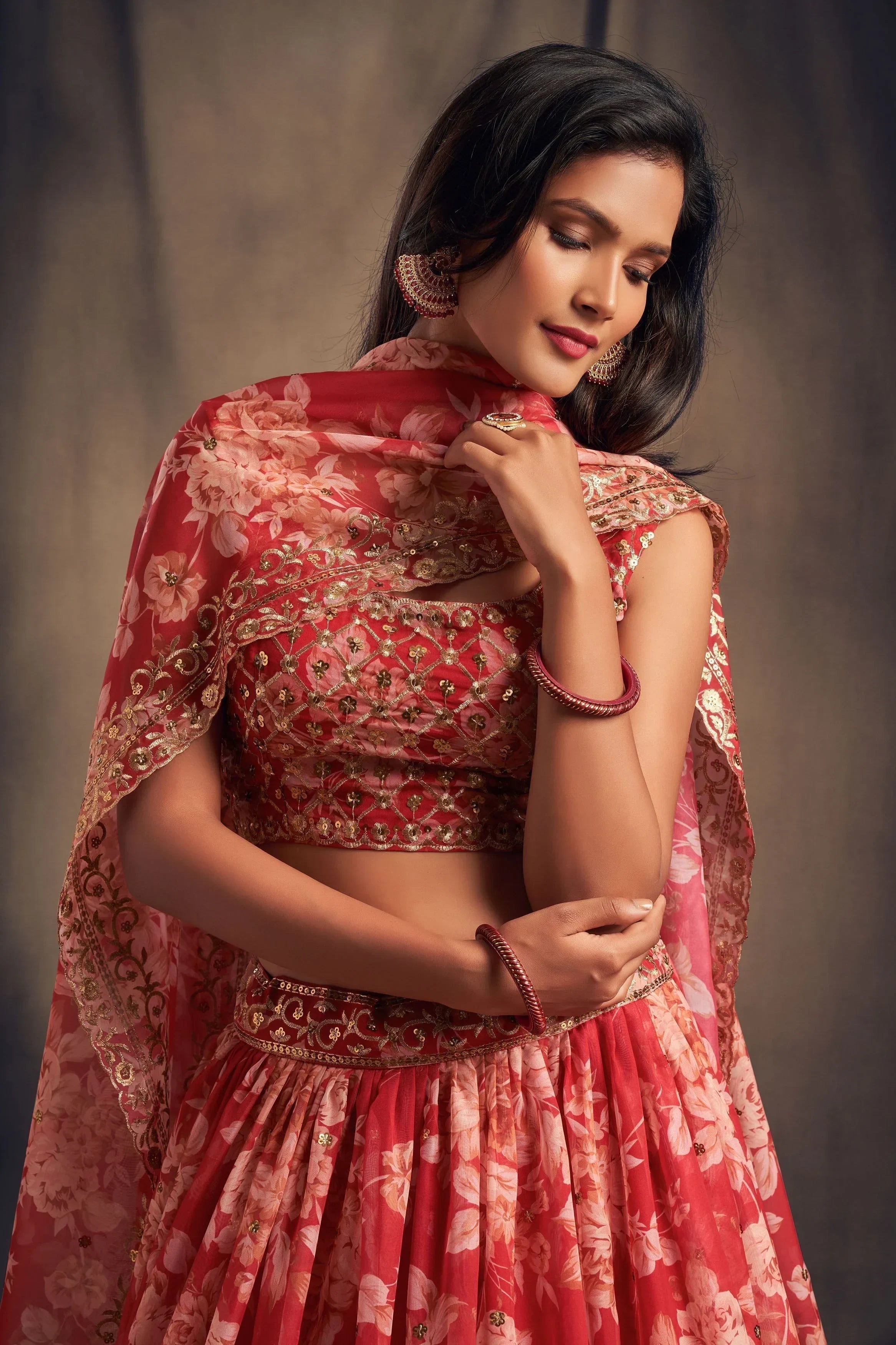 Shraddha Kapoor Red Floral Printed Organza Wedding Wear Lehenga Choli