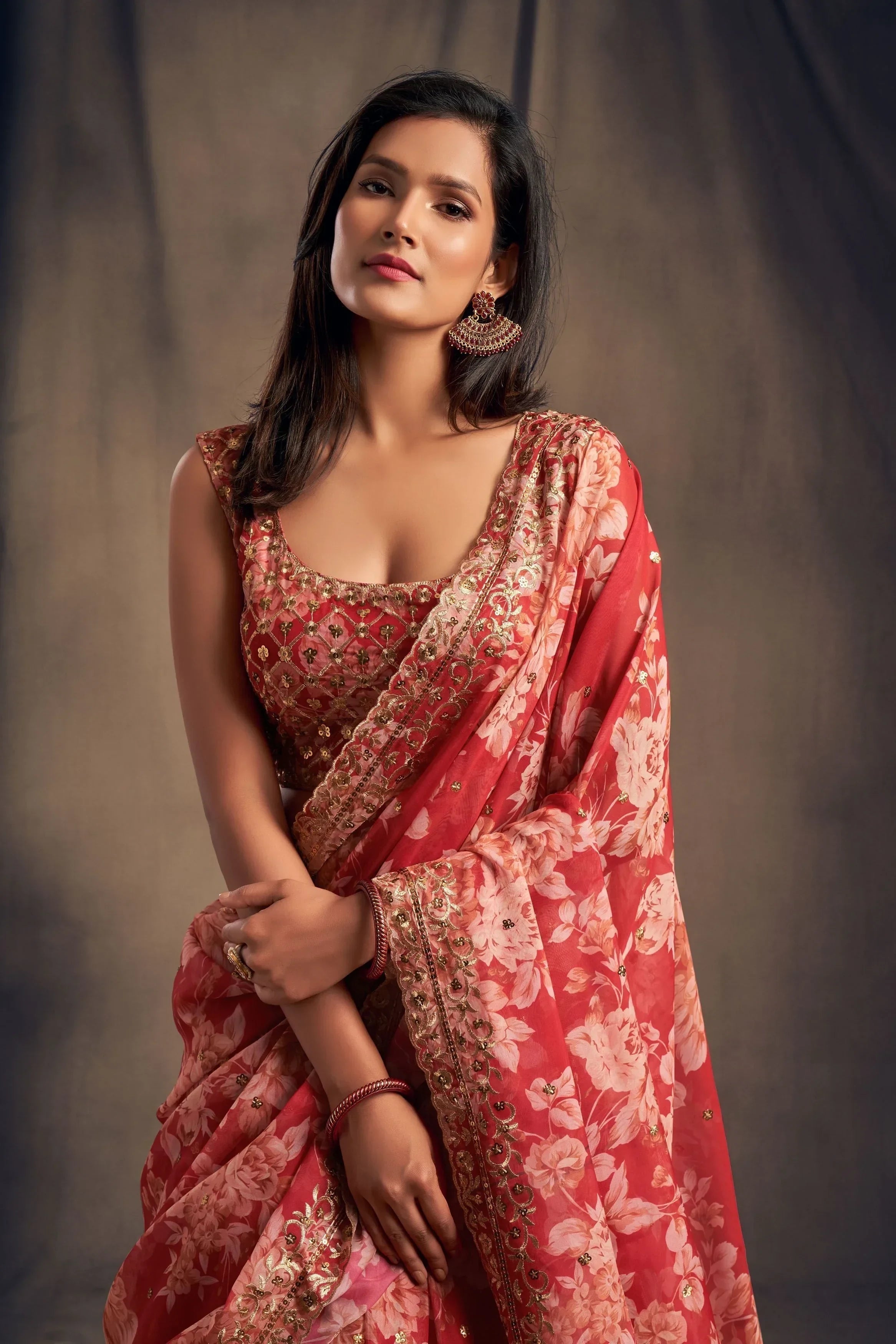 Shraddha Kapoor Red Floral Printed Organza Wedding Wear Lehenga Choli