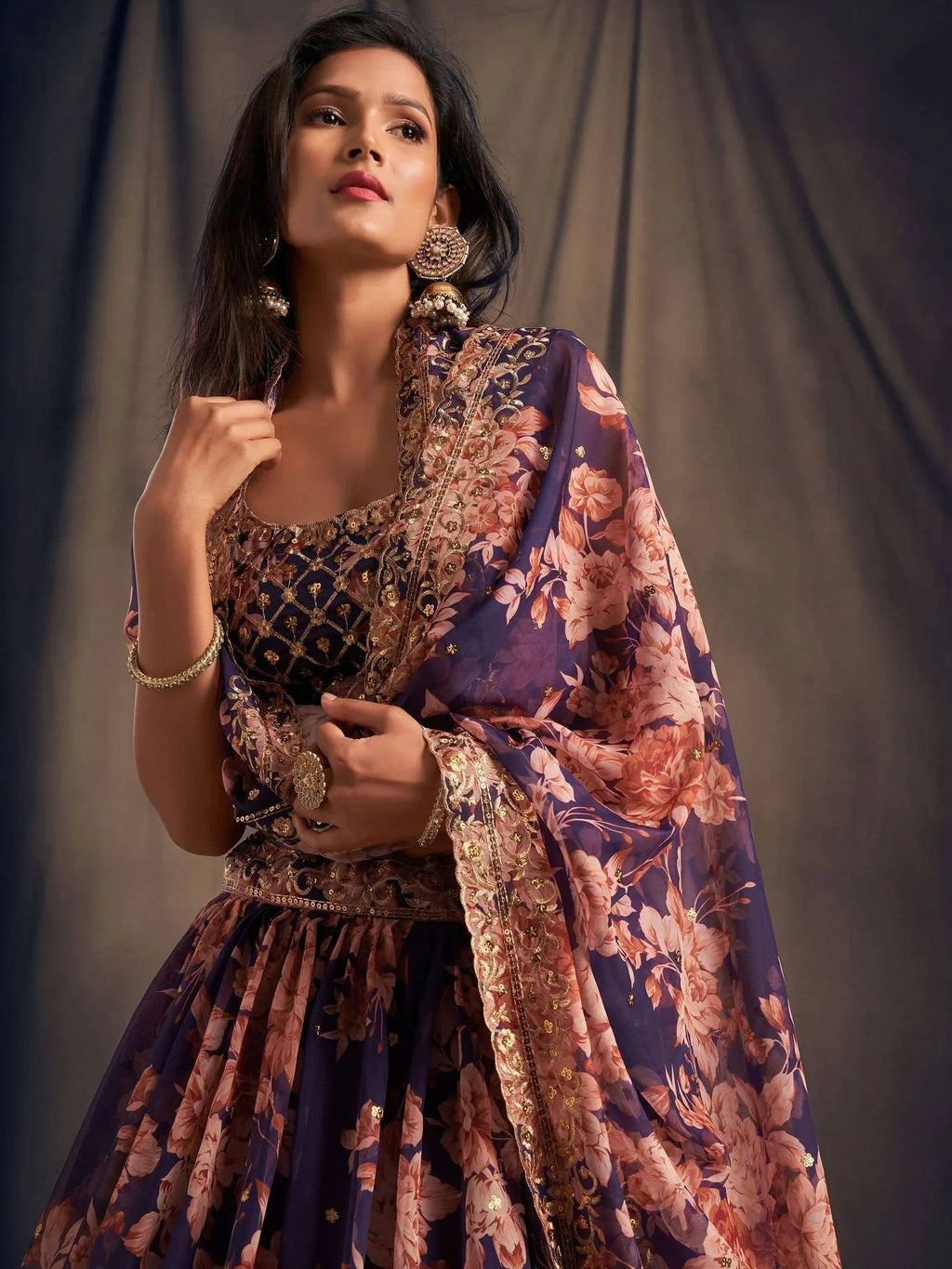Purple Floral Embroidered Organza Wedding Wear Lehenga Choli