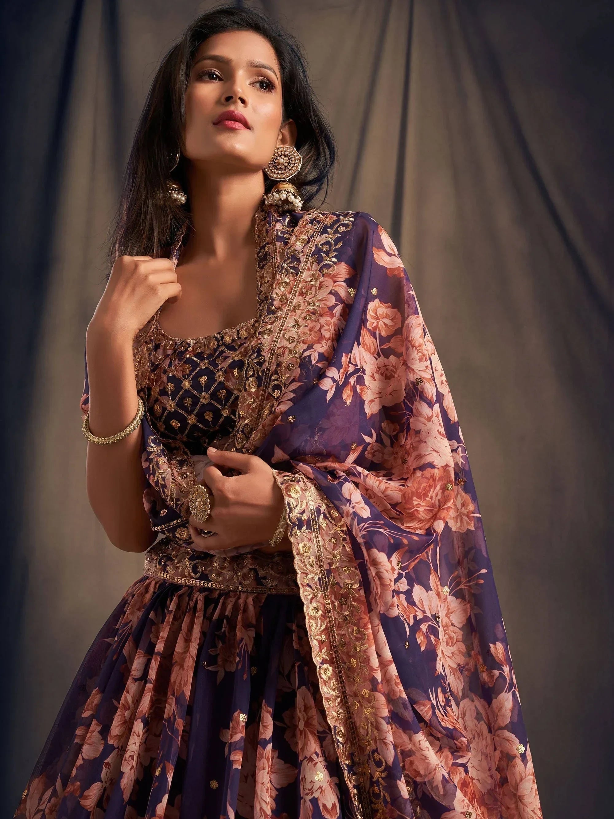 Purple Floral Embroidered Organza Wedding Wear Lehenga Choli