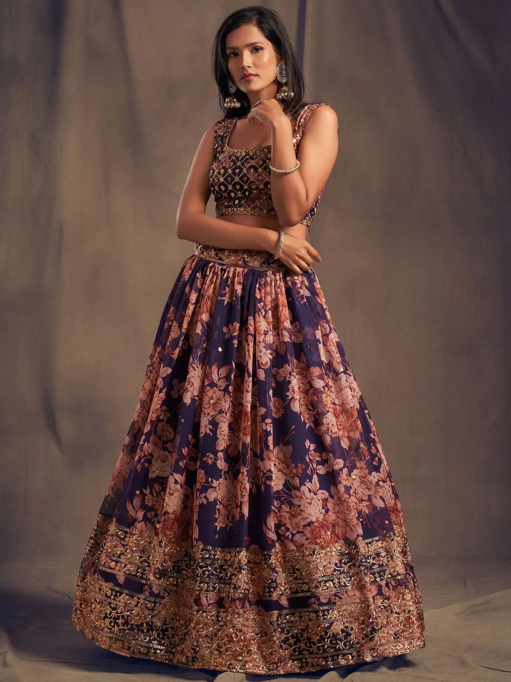 Purple Floral Embroidered Organza Wedding Wear Lehenga Choli