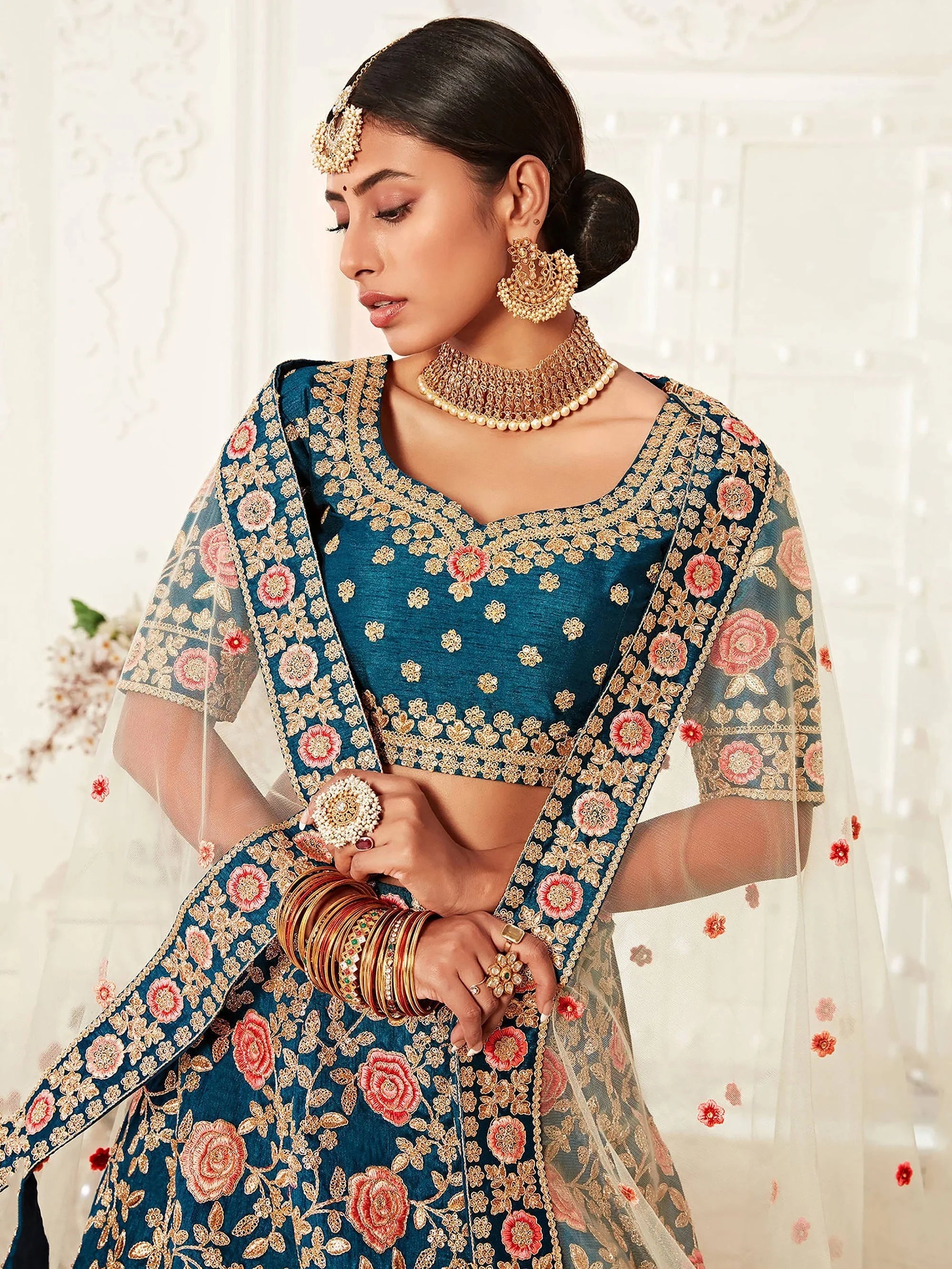 Lovely Blue Embroidered Velvet Wedding Wear Plus Size Lehenga Choli