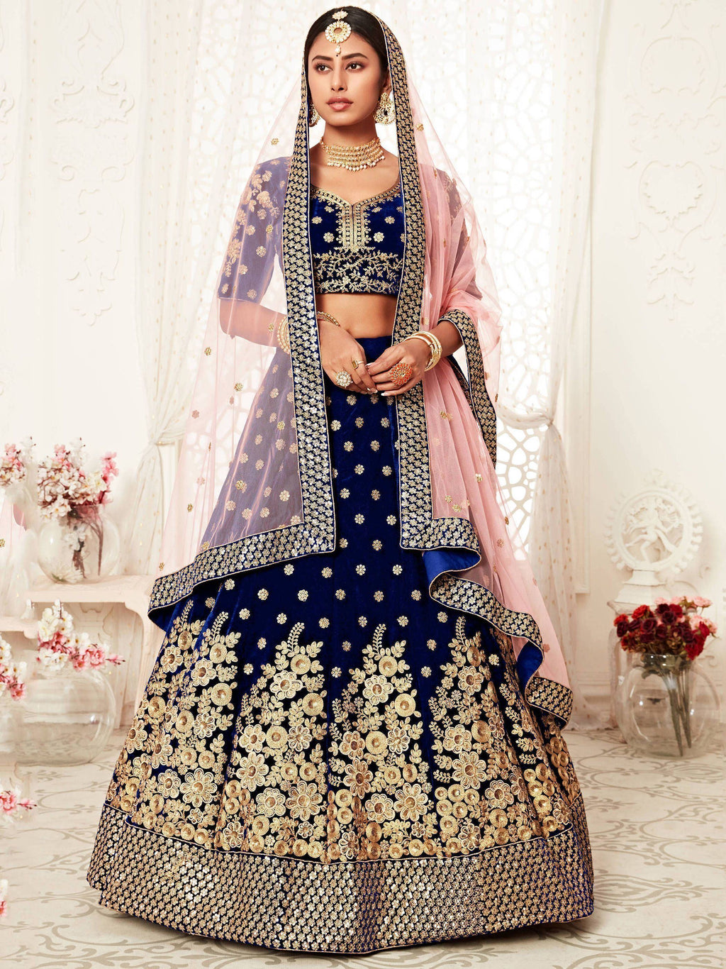 Navy Blue Thread Embroidered Bridal Lehenga Choli