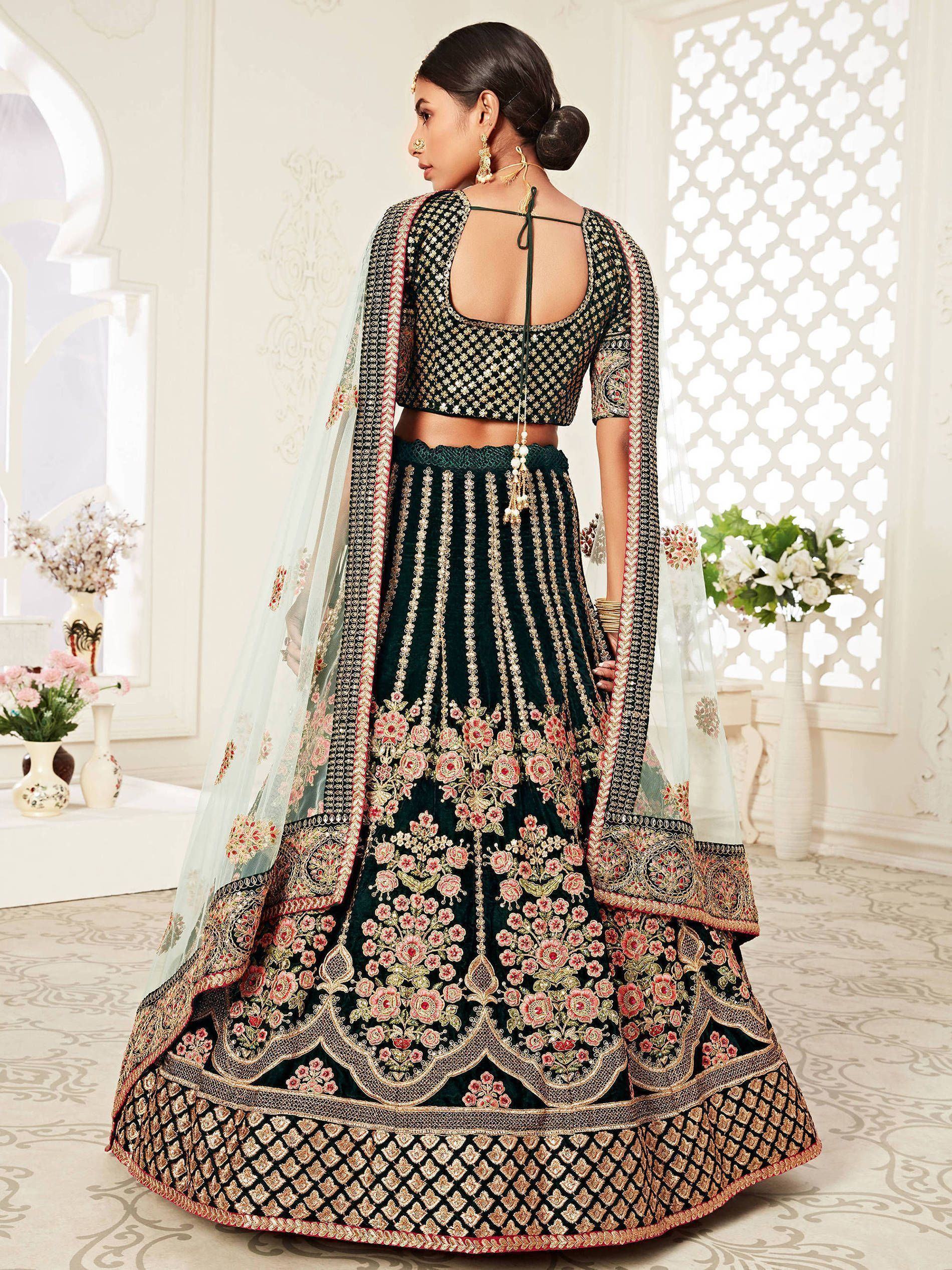 Green Floral Embroidered Velvet Bridal Lehenga Choli