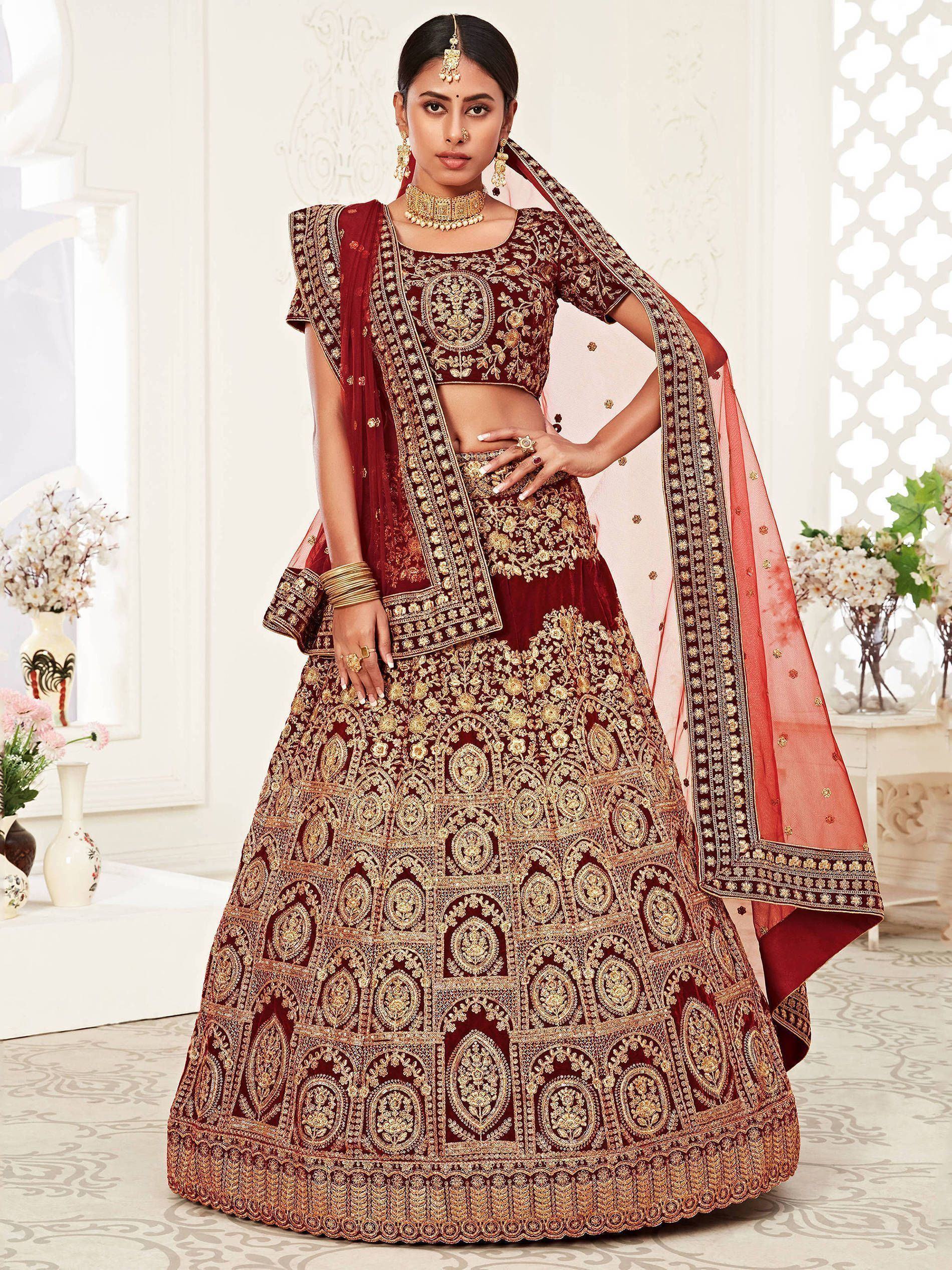 Red Heavy Embroidered Velvet Bridal Lehenga Choli