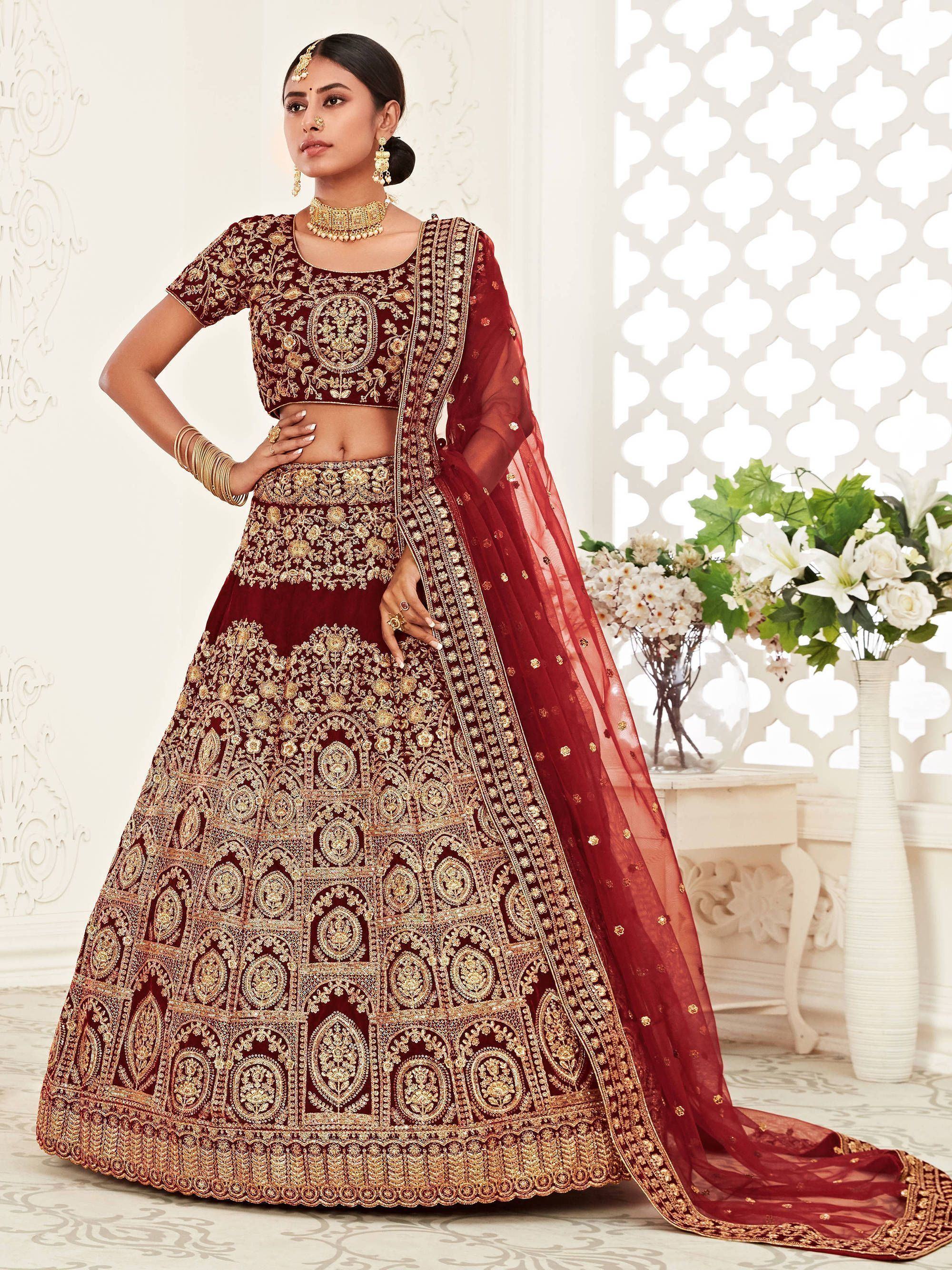 Alia Bhatt Red Heavy Embroidered Velvet Bridal Lehenga Choli