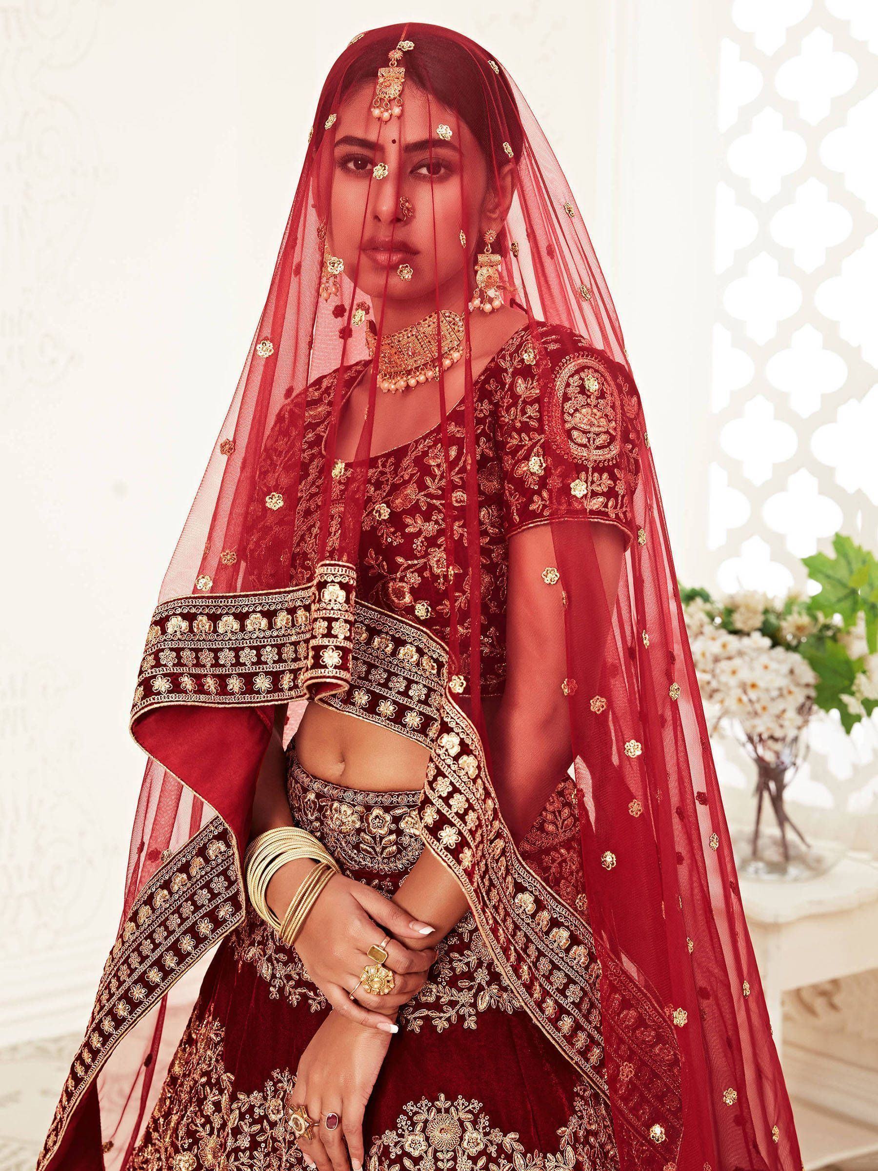 Red Heavy Embroidered Velvet Bridal Lehenga Choli