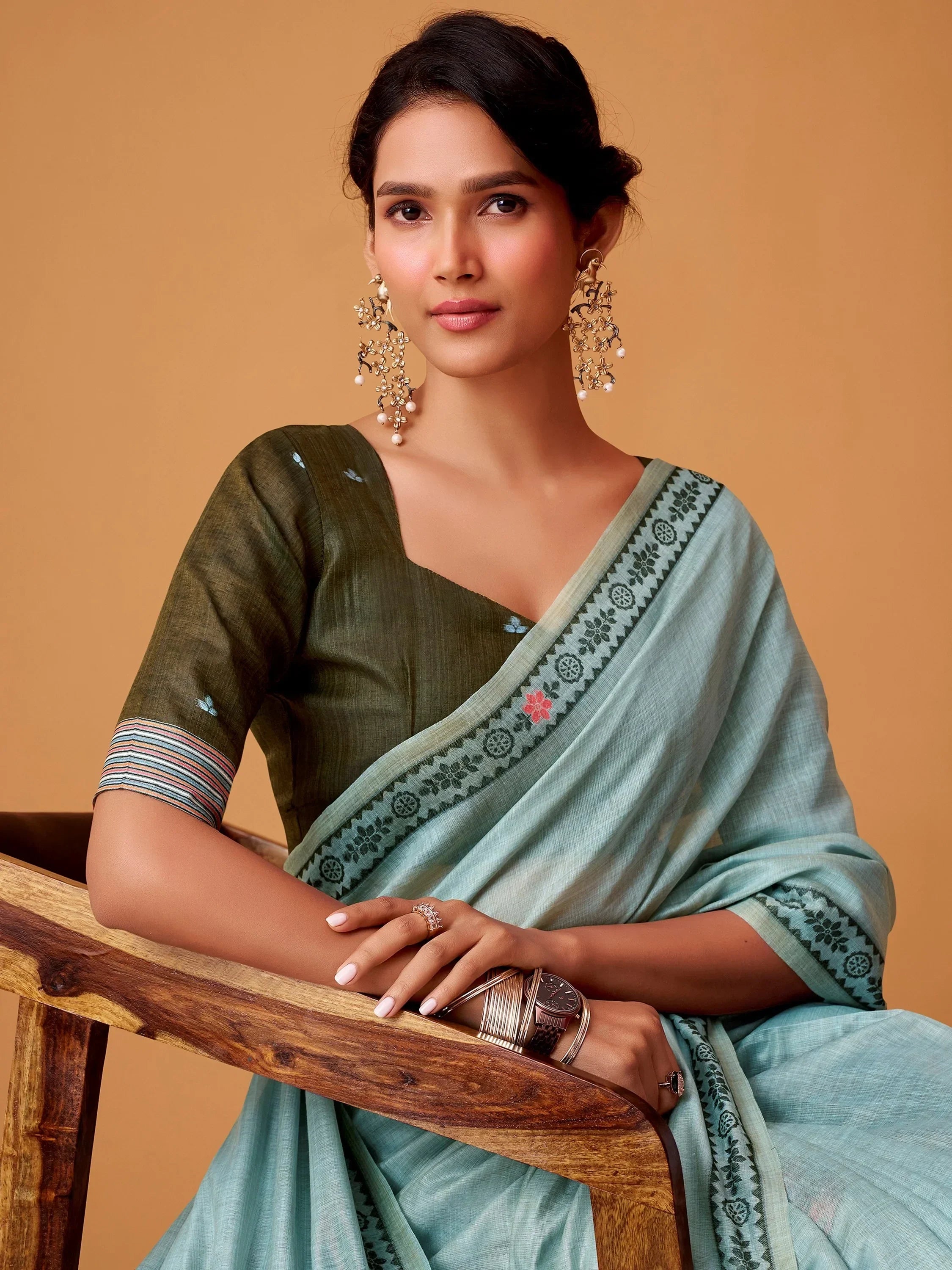Charming Sky Blue Floral Printed Cotton Casual Wear Saree With Blouse