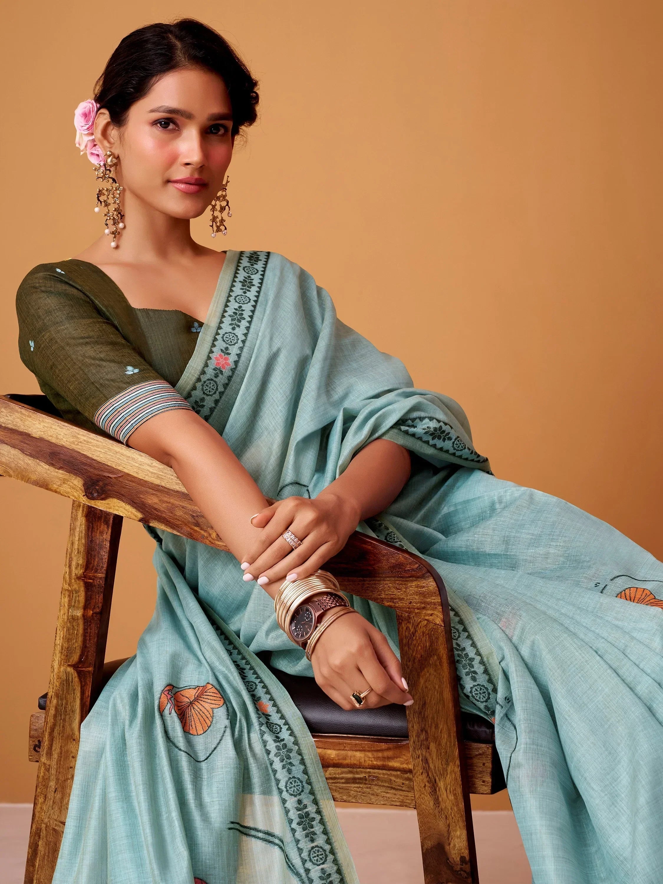 Charming Sky Blue Floral Printed Cotton Casual Wear Saree With Blouse