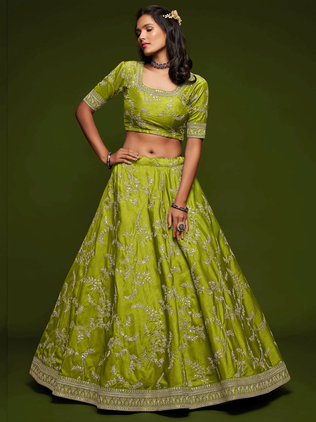 Glamorous Green Embroidered Silk Designer Plus Size Lehenga Choli