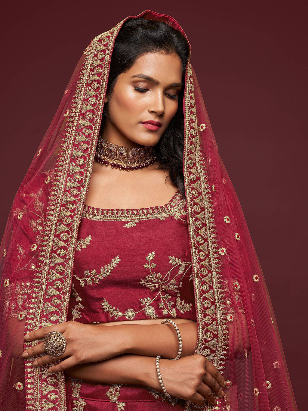Maroon Thread Embroidery Art Silk Wedding Wear Lehenga Choli
