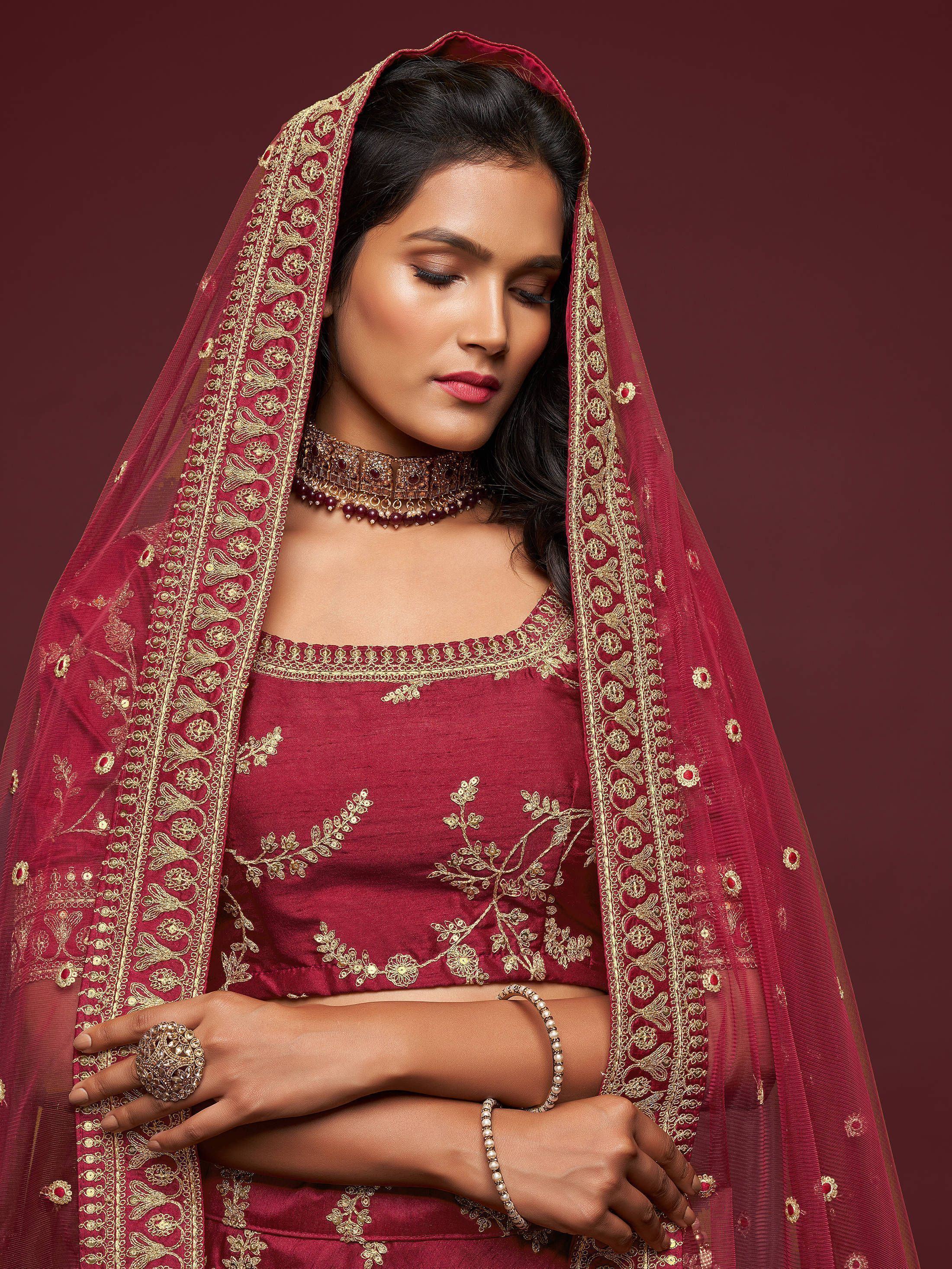 Maroon Thread Embroidery Art Silk Wedding Wear Lehenga Choli