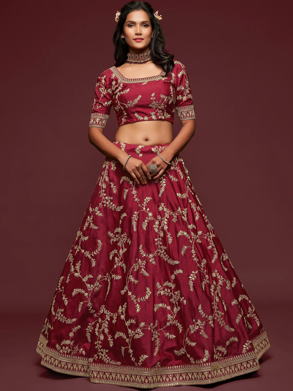 Gorgeous Maroon Embroidered Silk Wedding Wear Plus Size Lehenga Choli
