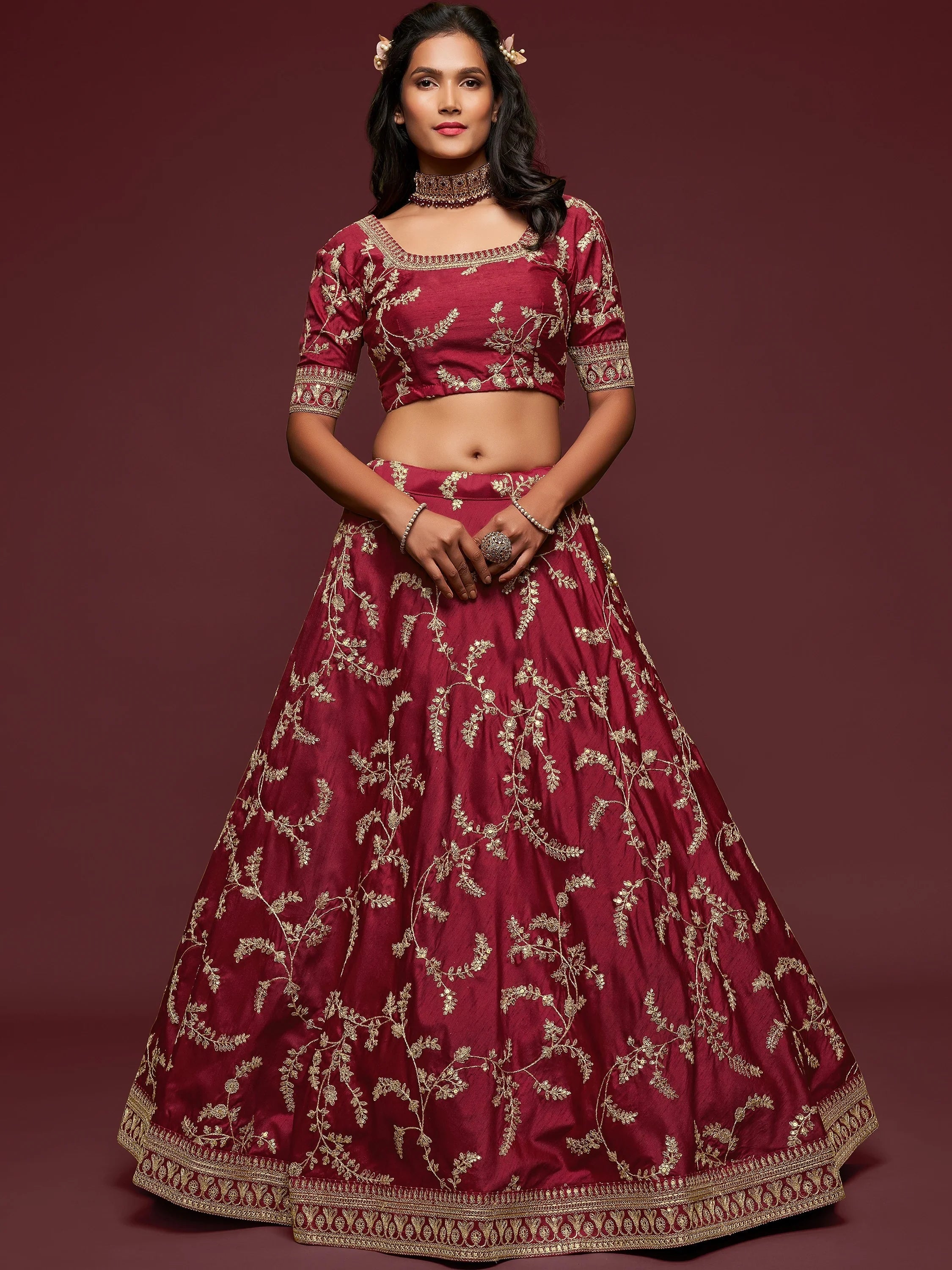 Gorgeous Maroon Embroidered Silk Wedding Wear Plus Size Lehenga Choli