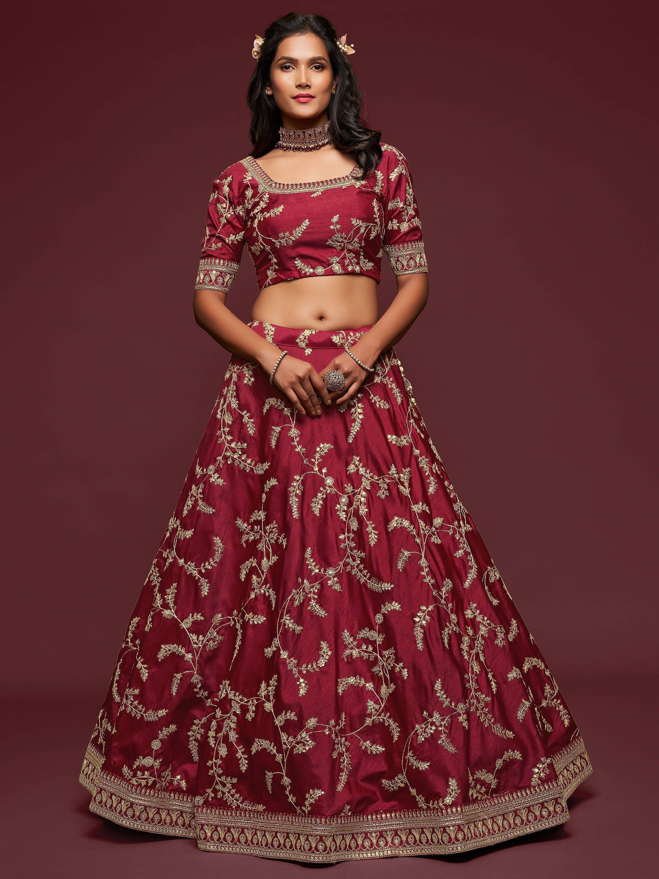 Maroon Thread Embroidery Art Silk Wedding Wear Lehenga Choli
