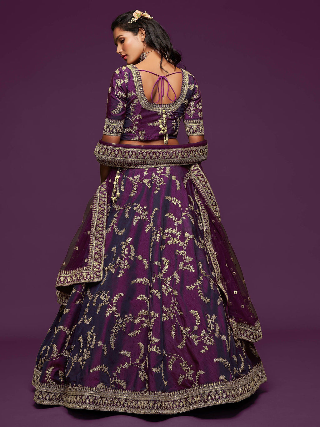 Purple Thread Embroidery Art Silk Wedding Wear Lehenga Choli