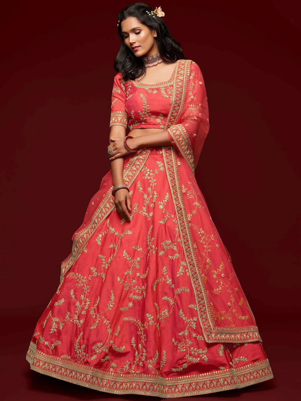 Red Thread Embroidery Art Silk Wedding Wear Lehenga Choli