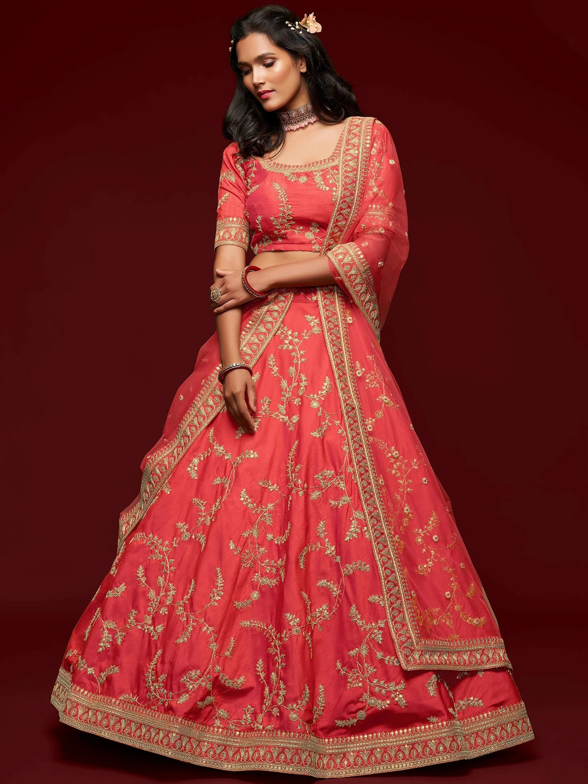 Red Thread Embroidery Art Silk Wedding Wear Lehenga Choli