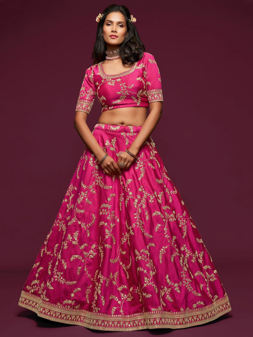 Fantastic Pink Embroidered Silk Wedding Wear Plus Size Lehenga Choli
