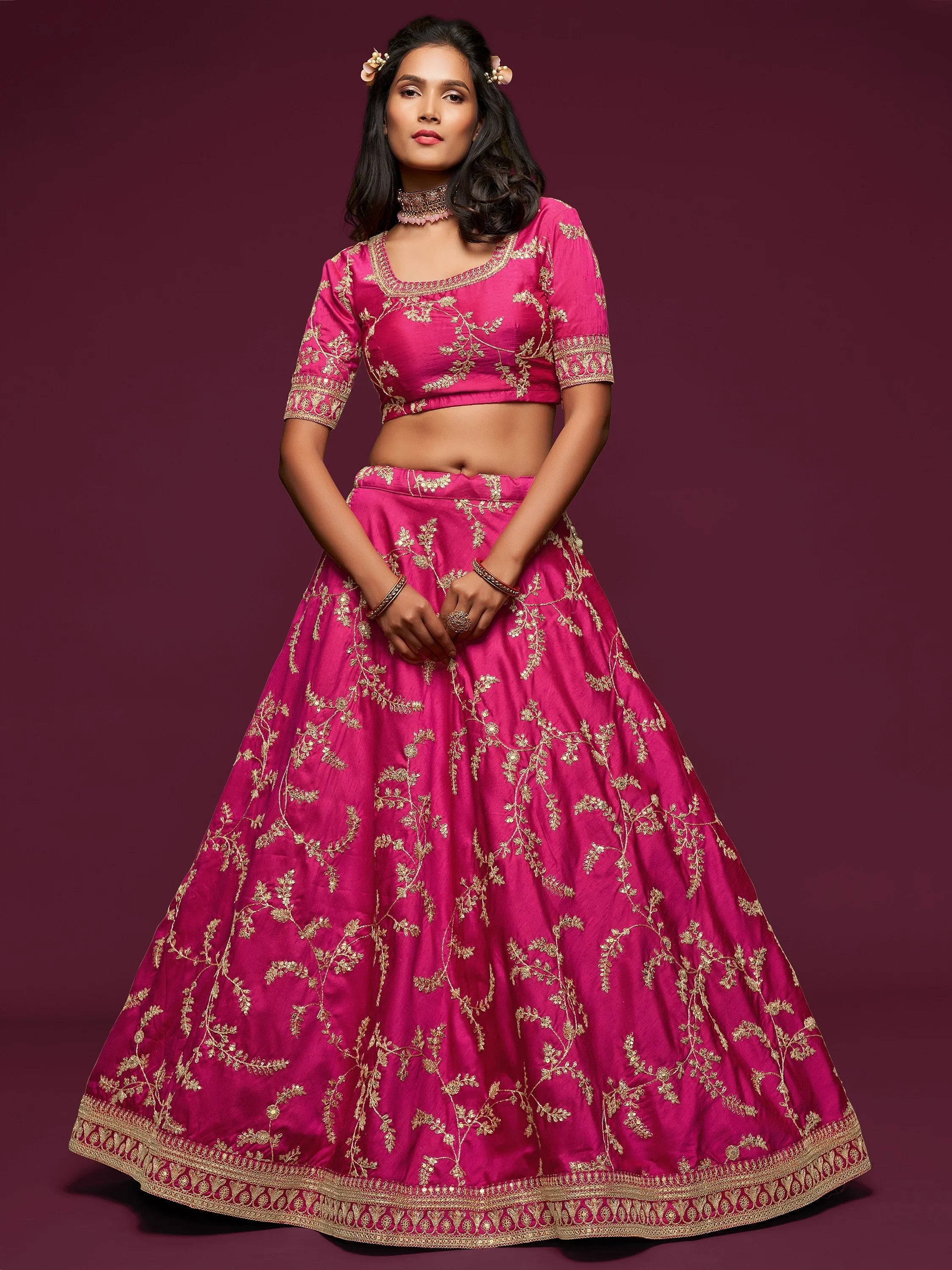 Fantastic Pink Embroidered Silk Wedding Wear Plus Size Lehenga Choli