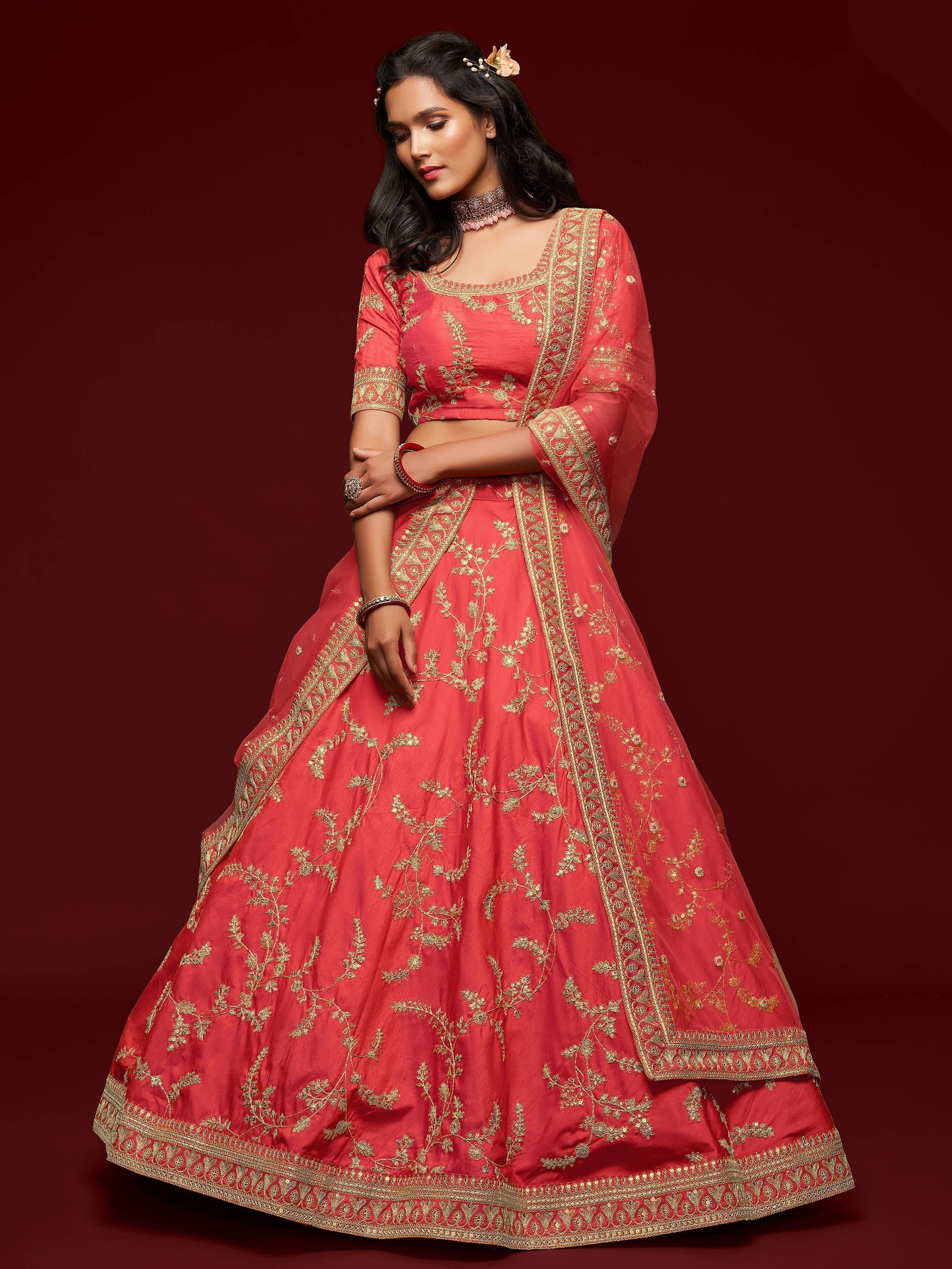 Coral Thread Embroidery Art Silk Wedding Wear Lehenga Choli