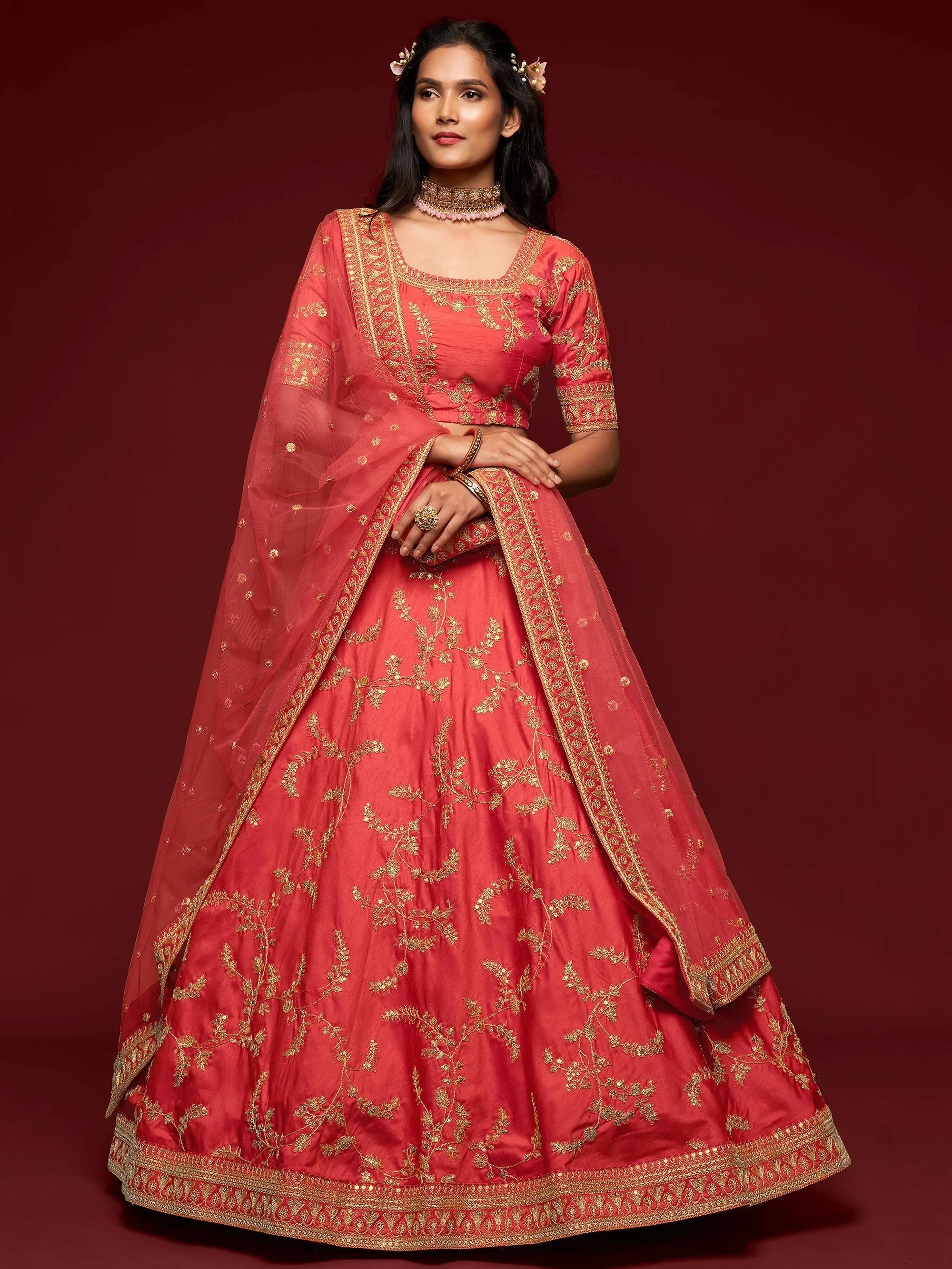 Red Thread Embroidery Art Silk Wedding Wear Lehenga Choli