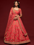 Coral Thread Embroidery Art Silk Wedding Wear Lehenga Choli