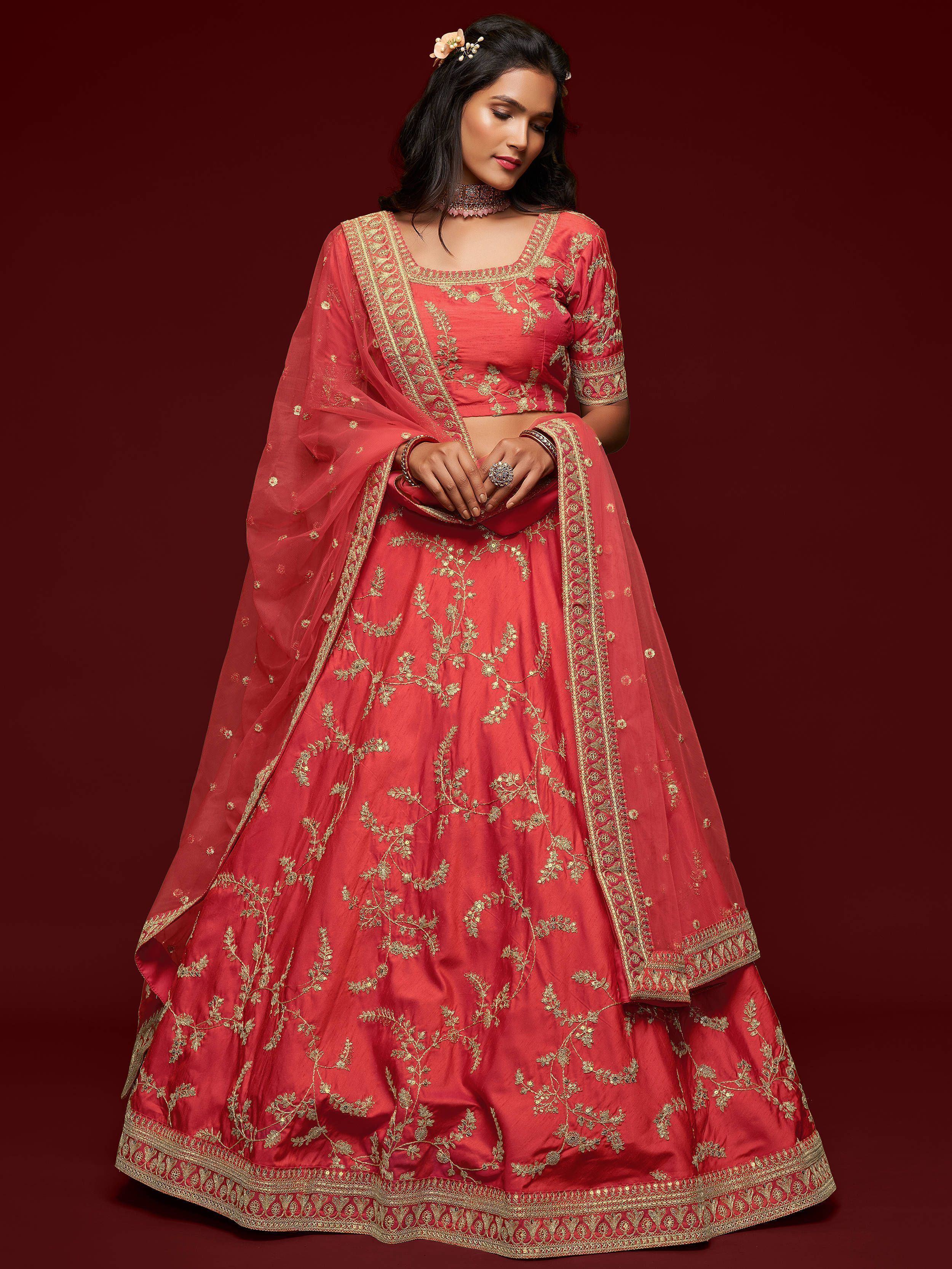 Coral Thread Embroidery Art Silk Wedding Wear Lehenga Choli