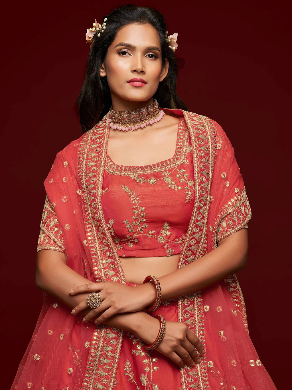 Red Thread Embroidery Art Silk Wedding Wear Lehenga Choli