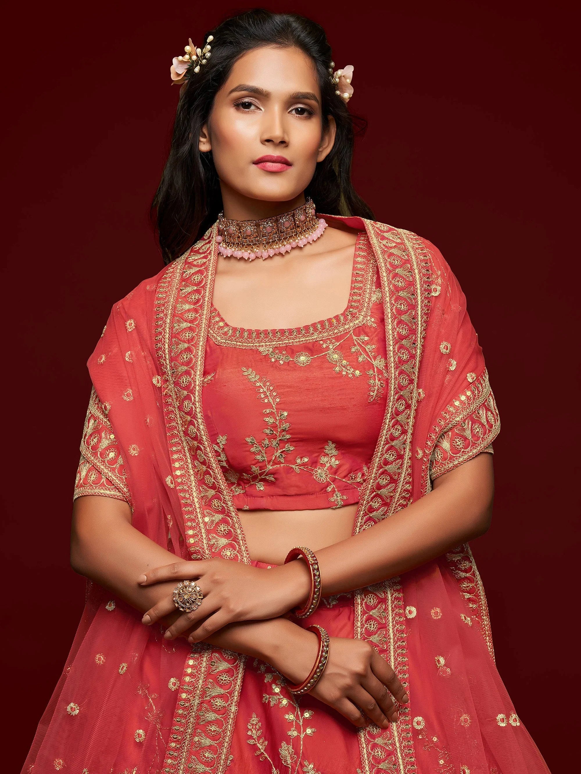 Red Thread Embroidery Art Silk Wedding Wear Lehenga Choli