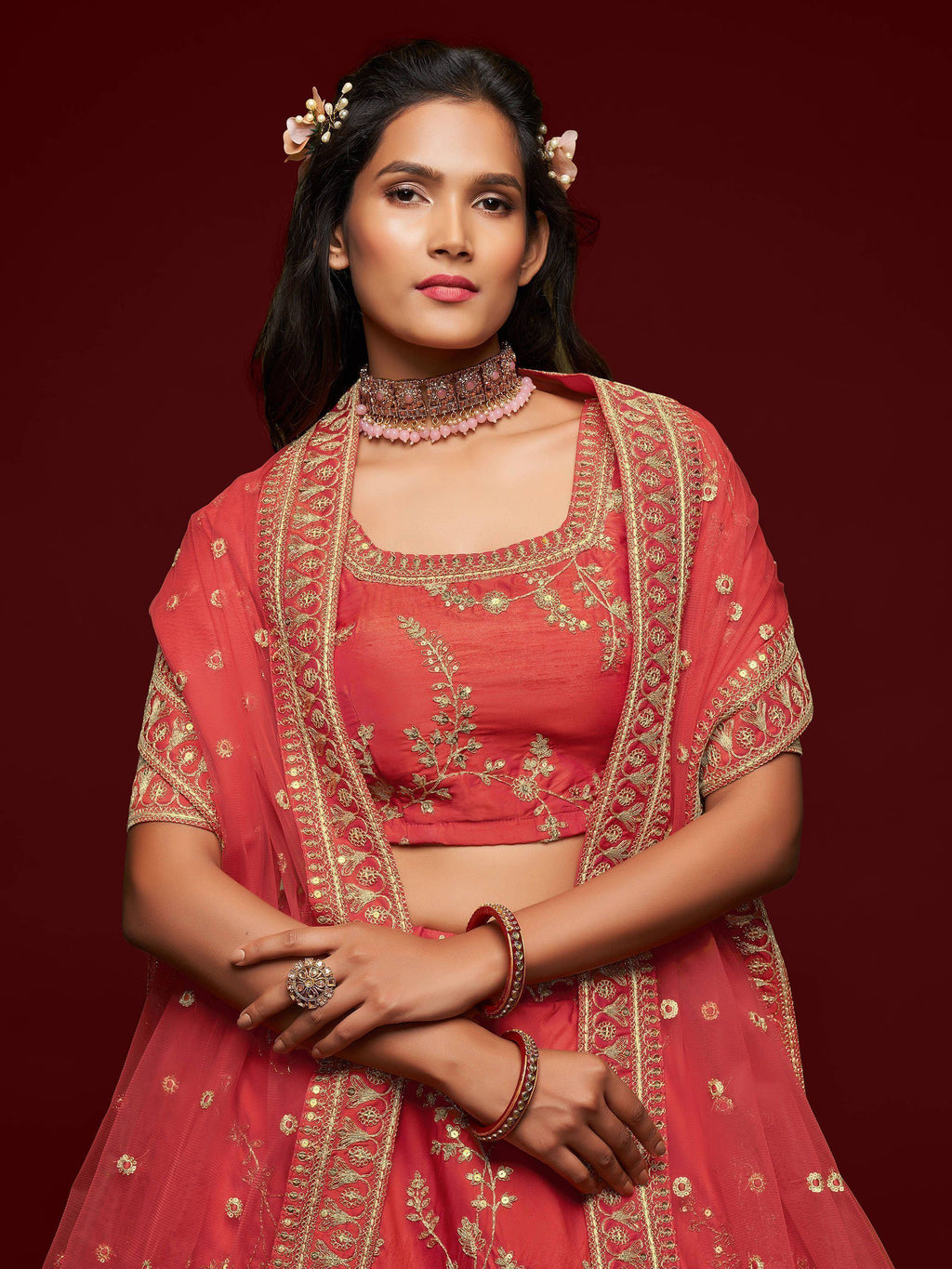 Coral Thread Embroidery Art Silk Wedding Wear Lehenga Choli