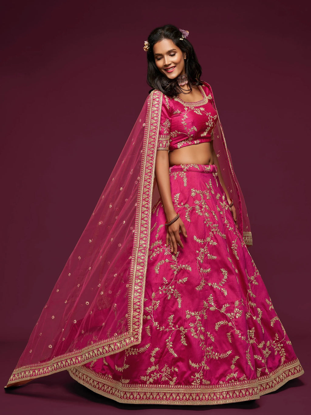 Fantastic Pink Embroidered Silk Wedding Wear Plus Size Lehenga Choli