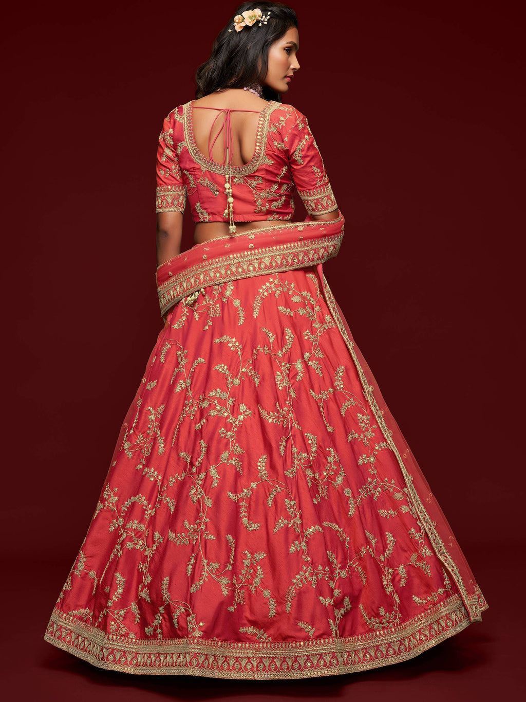 Coral Thread Embroidery Art Silk Wedding Wear Lehenga Choli