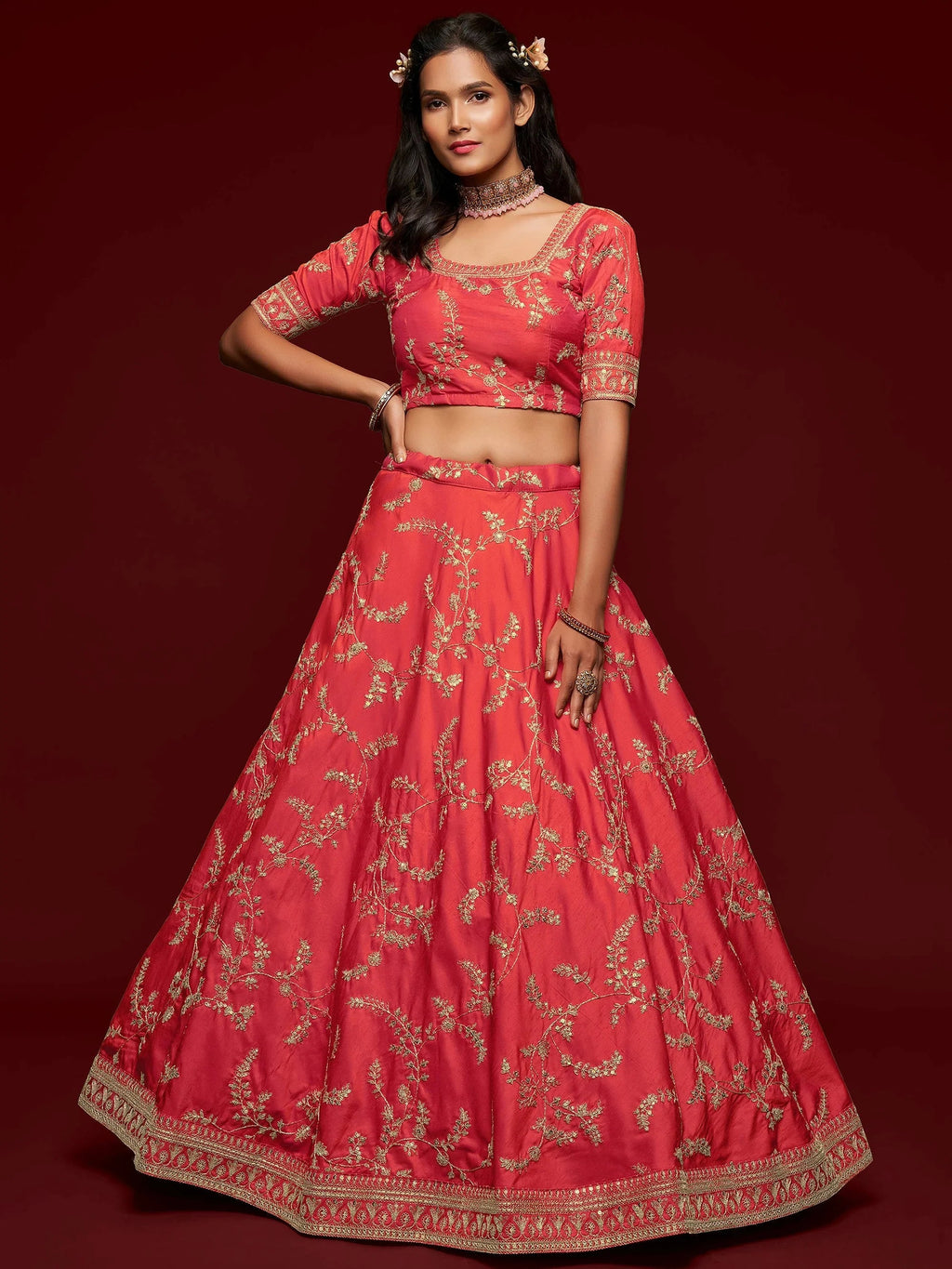 Red Thread Embroidery Art Silk Wedding Wear Lehenga Choli