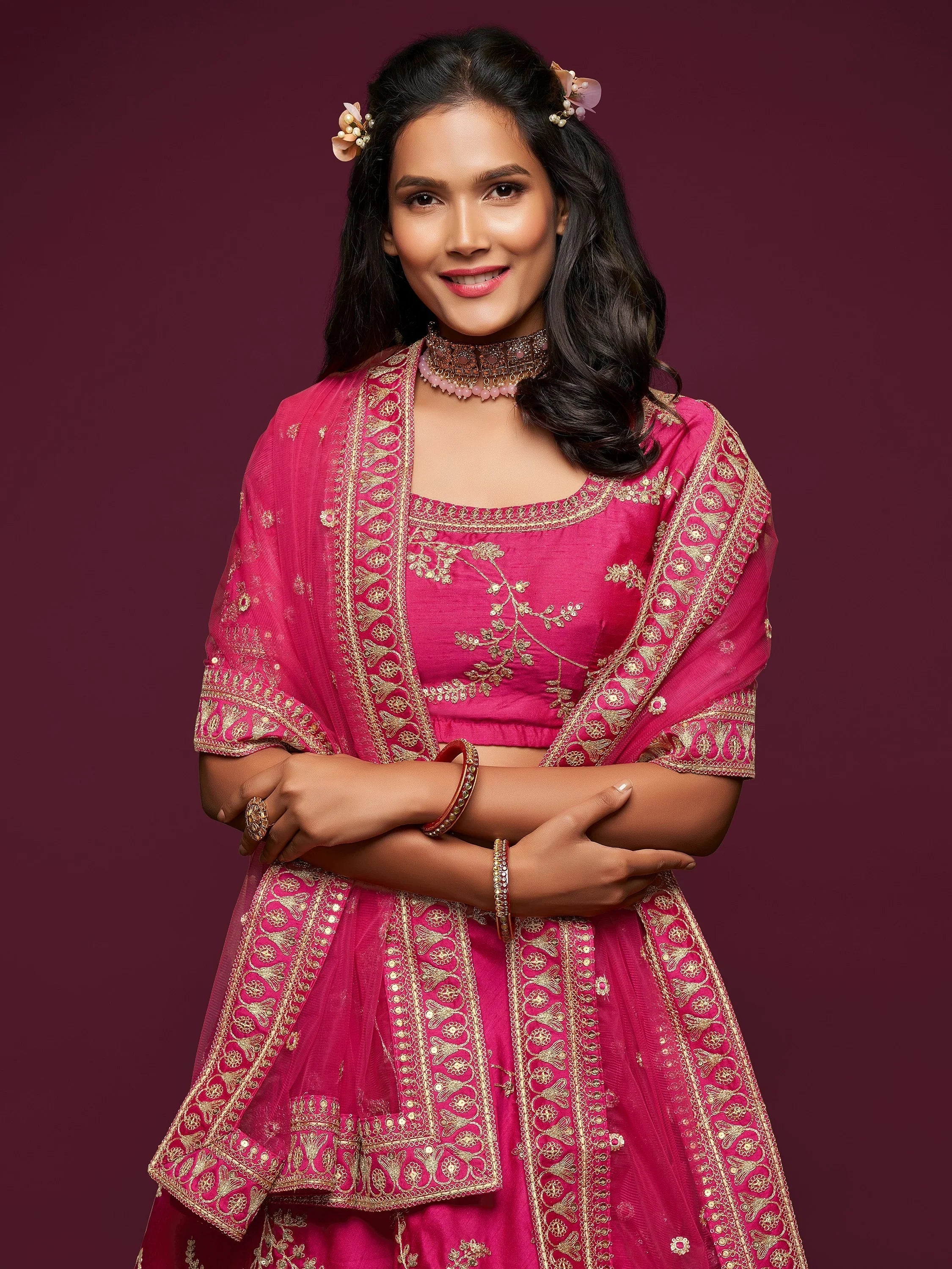 Fantastic Pink Embroidered Silk Wedding Wear Plus Size Lehenga Choli
