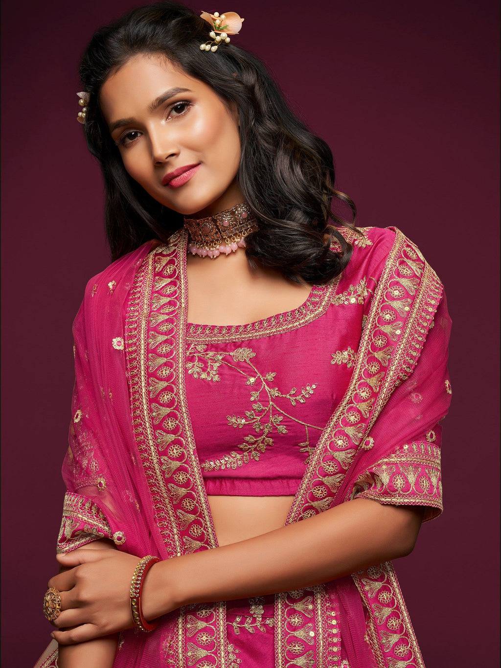 Fantastic Pink Embroidered Silk Wedding Wear Plus Size Lehenga Choli