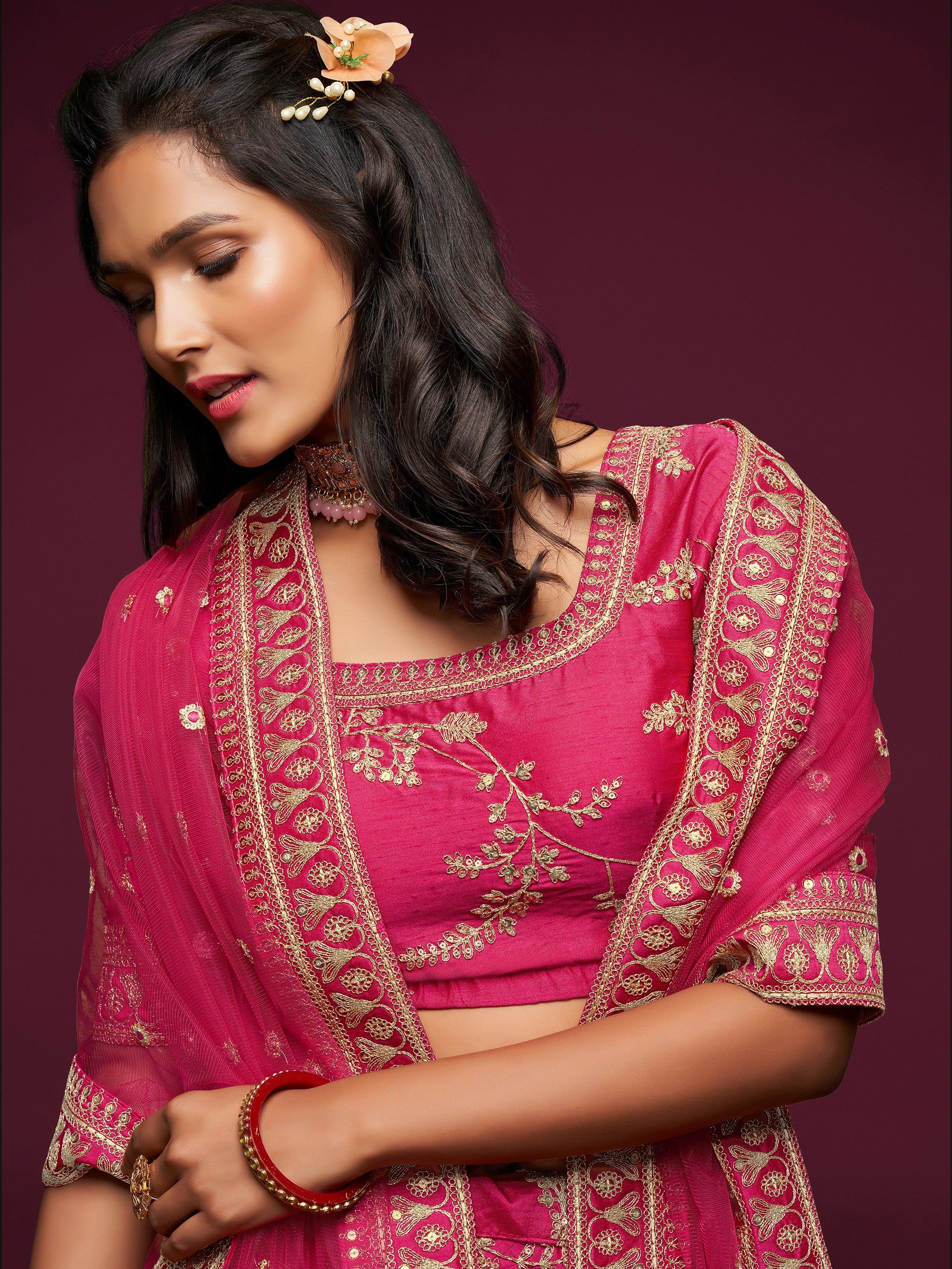 Fantastic Pink Embroidered Silk Wedding Wear Plus Size Lehenga Choli